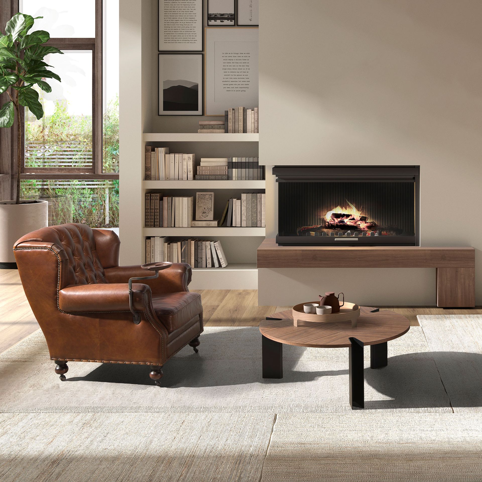 Round coffee table walnut and black steel