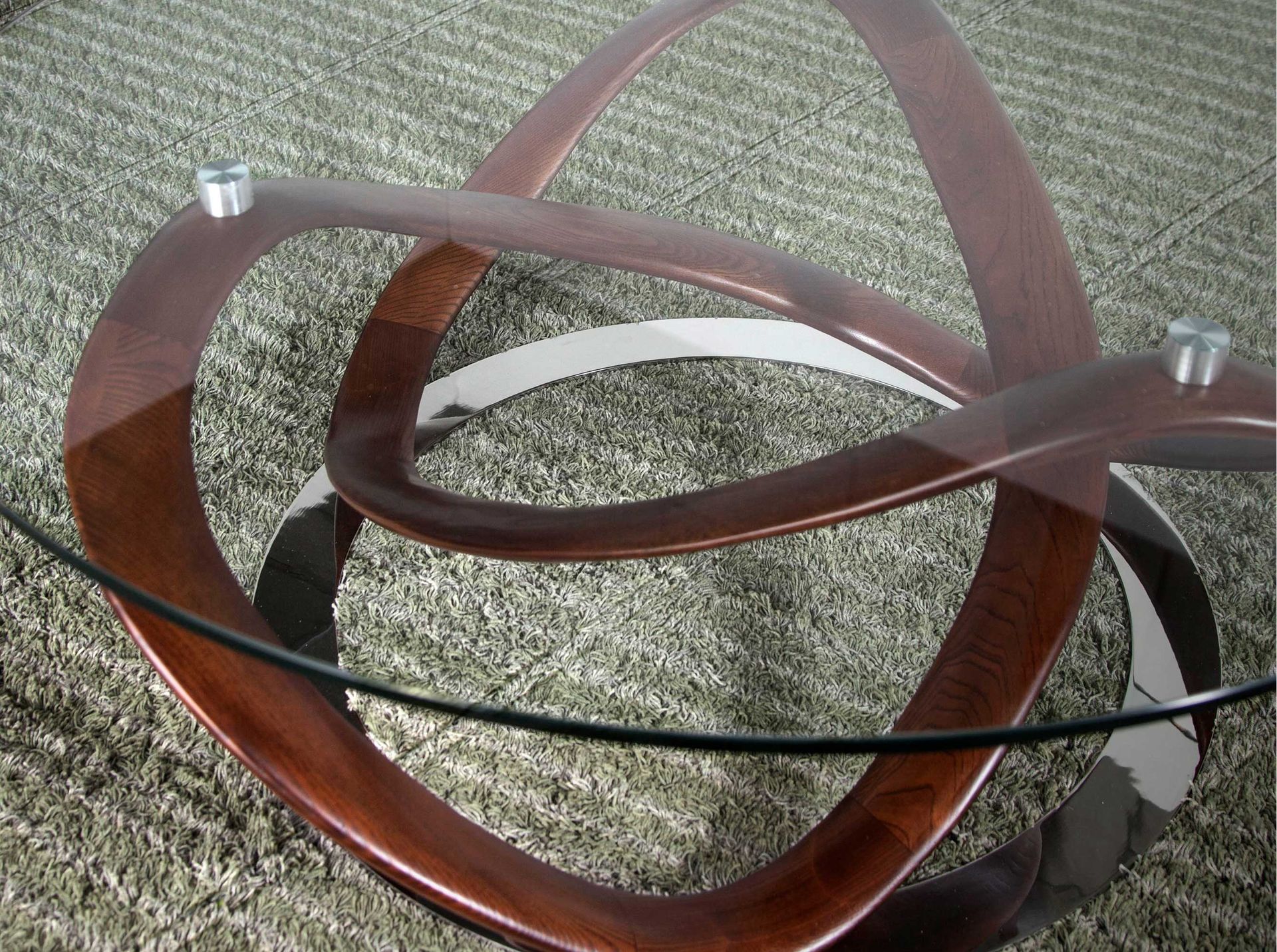 Round coffee table tempered glass, walnut and chrome-plated steel