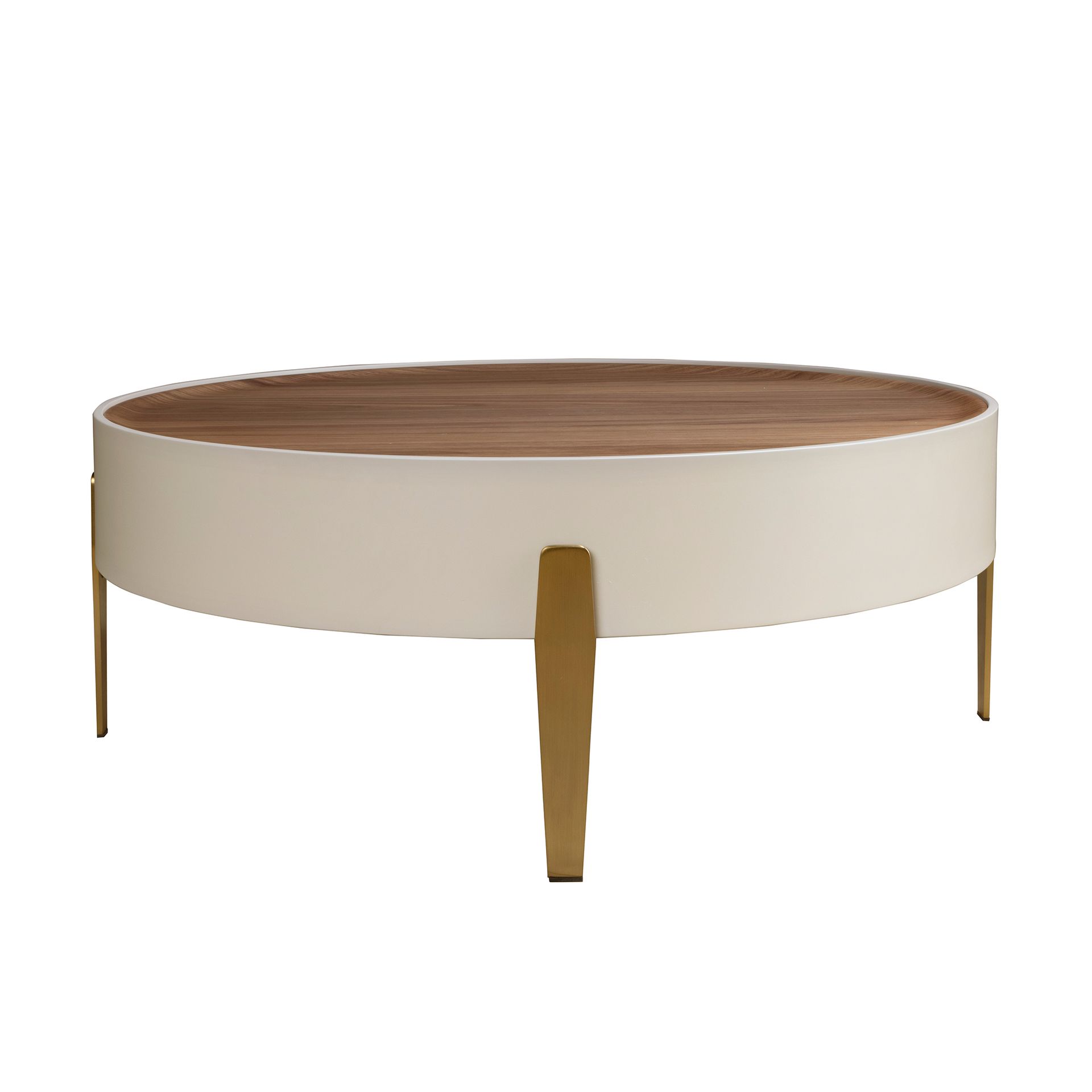 Round coffee table walnut, beige wood and polished golden steel