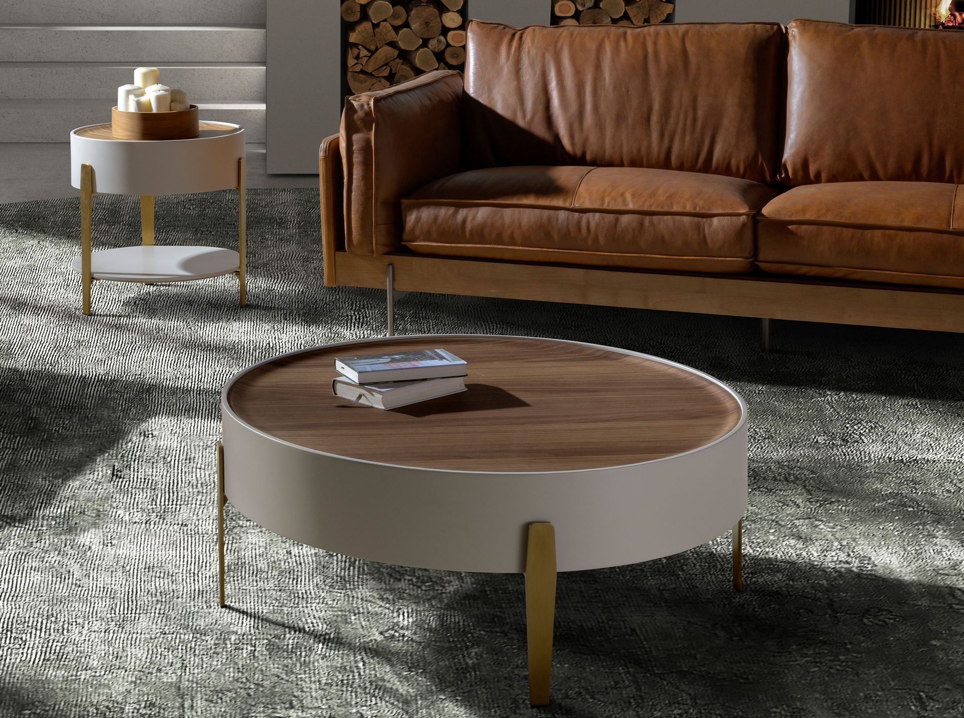 Round coffee table walnut, beige wood and polished golden steel