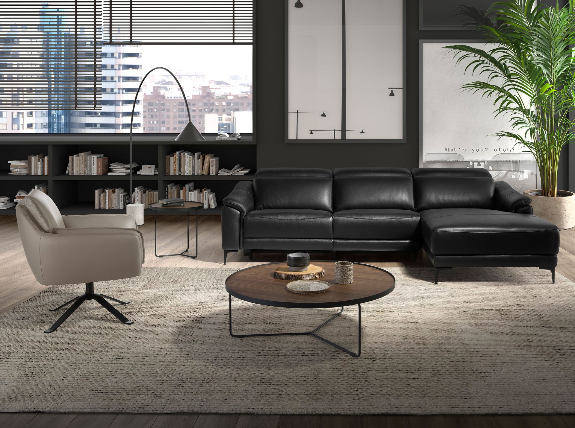 Round coffee table walnut and black steel