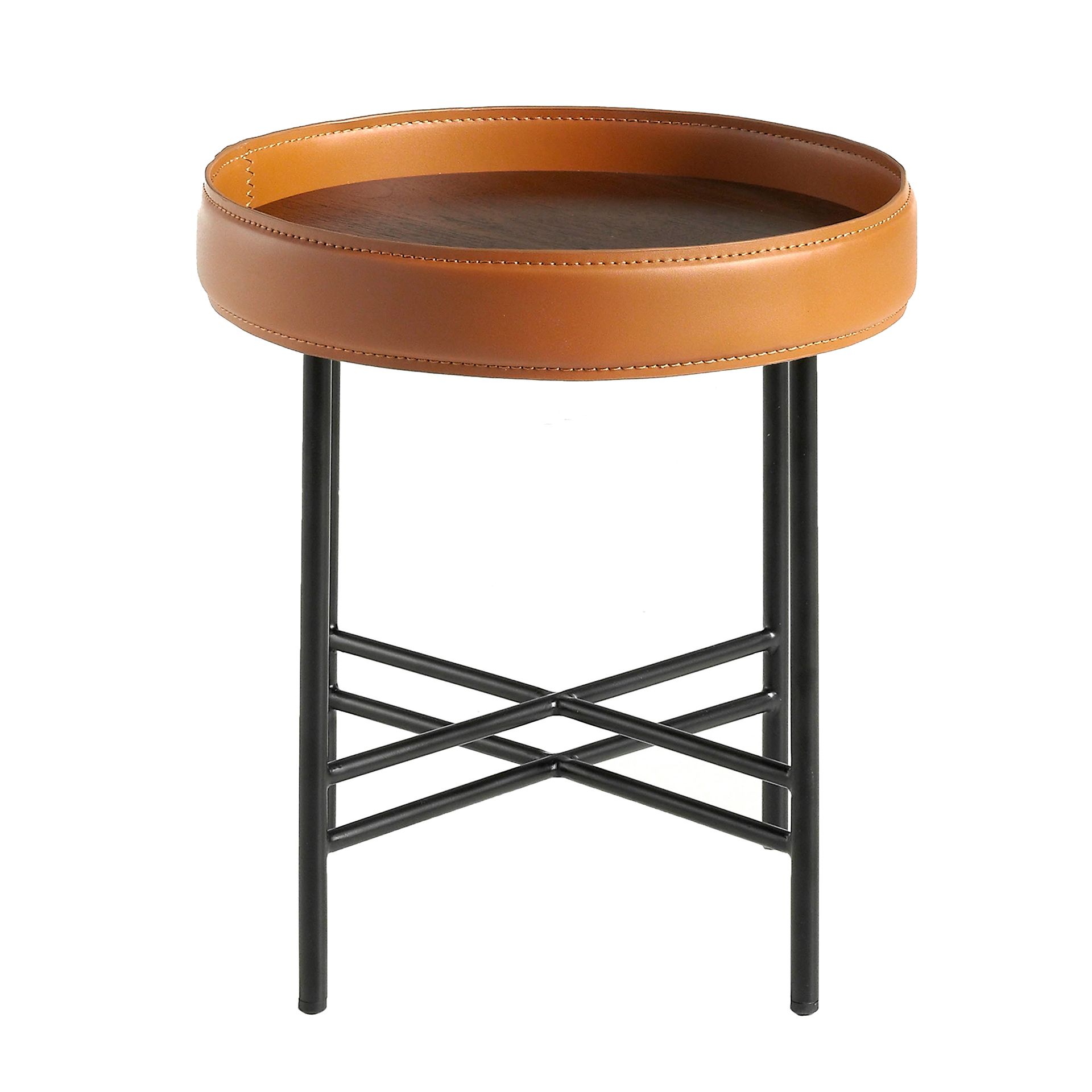 Round corner table in eco-leather, walnut and black steel