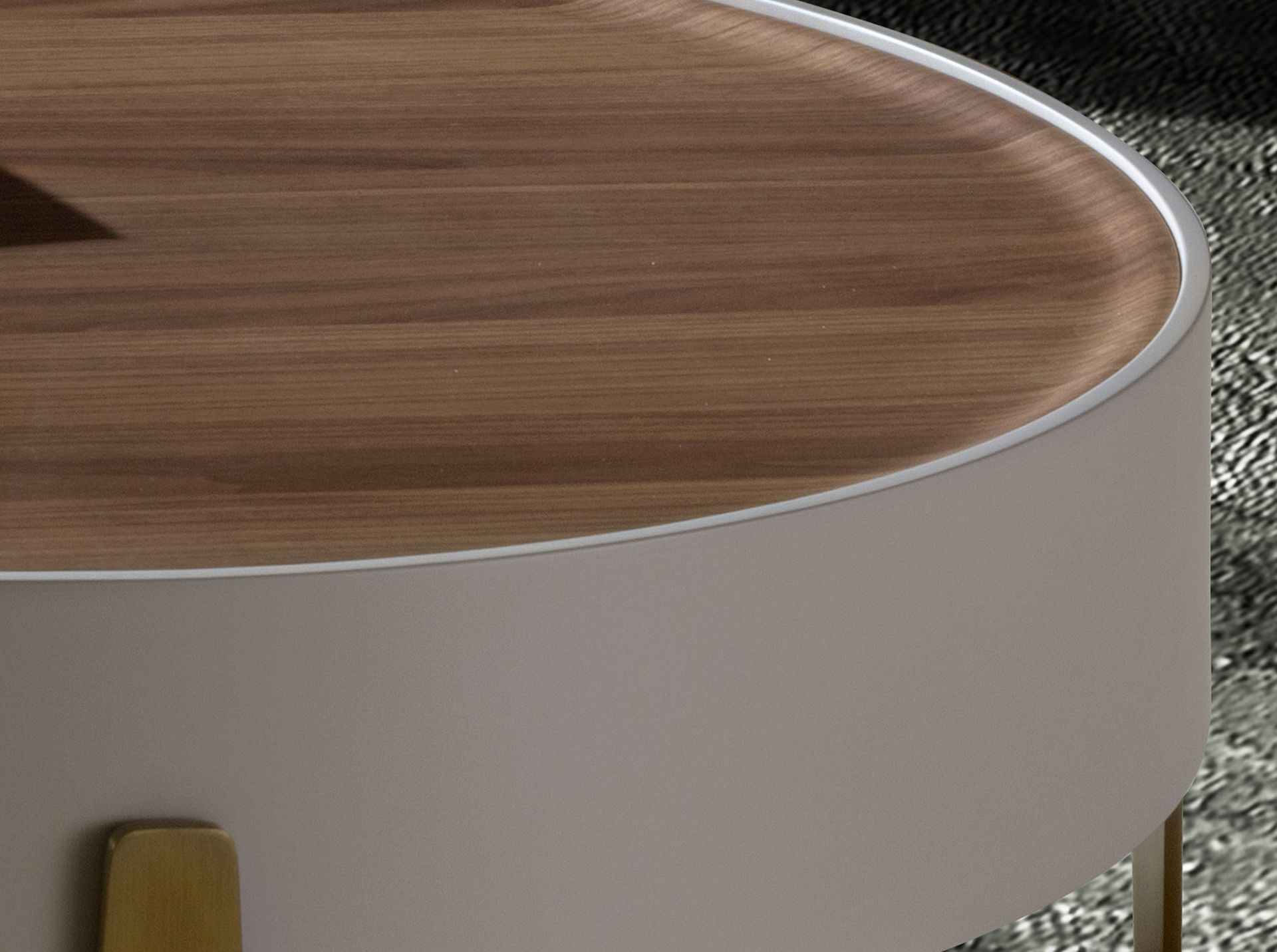 Round coffee table walnut, beige wood and polished golden steel