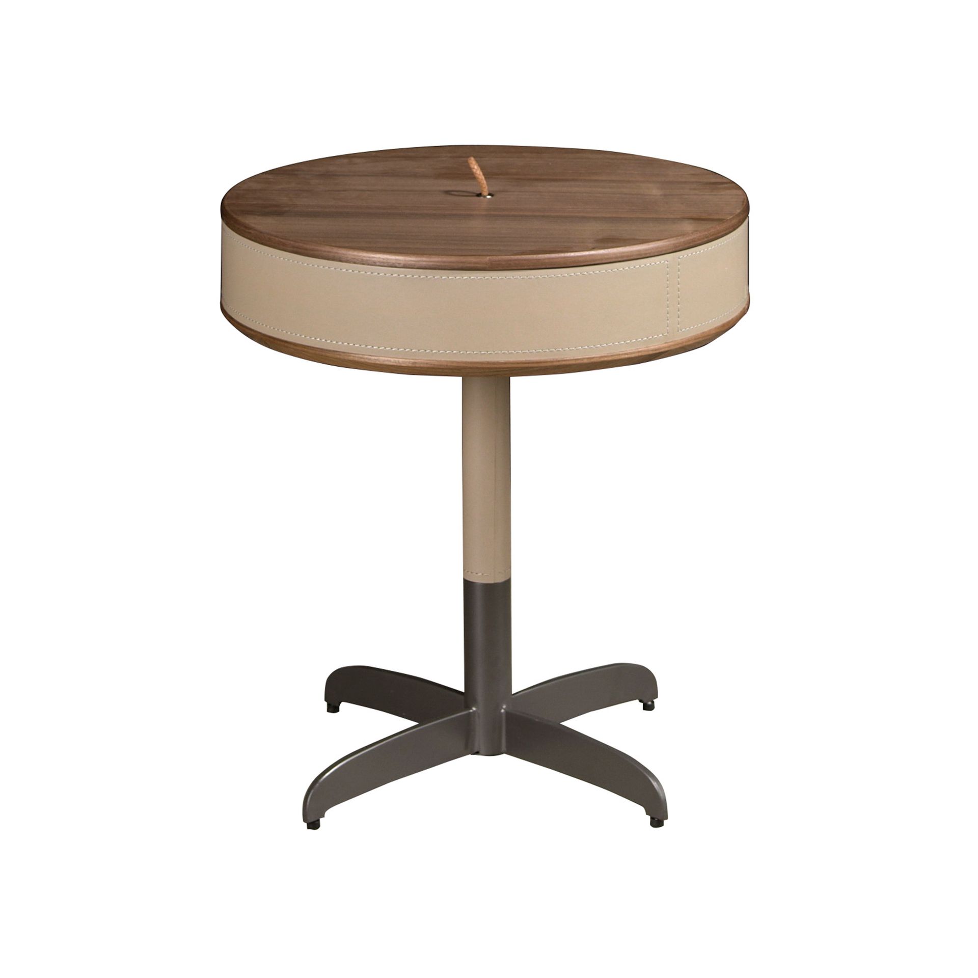 Round corner table in leatherette, walnut and grey steel