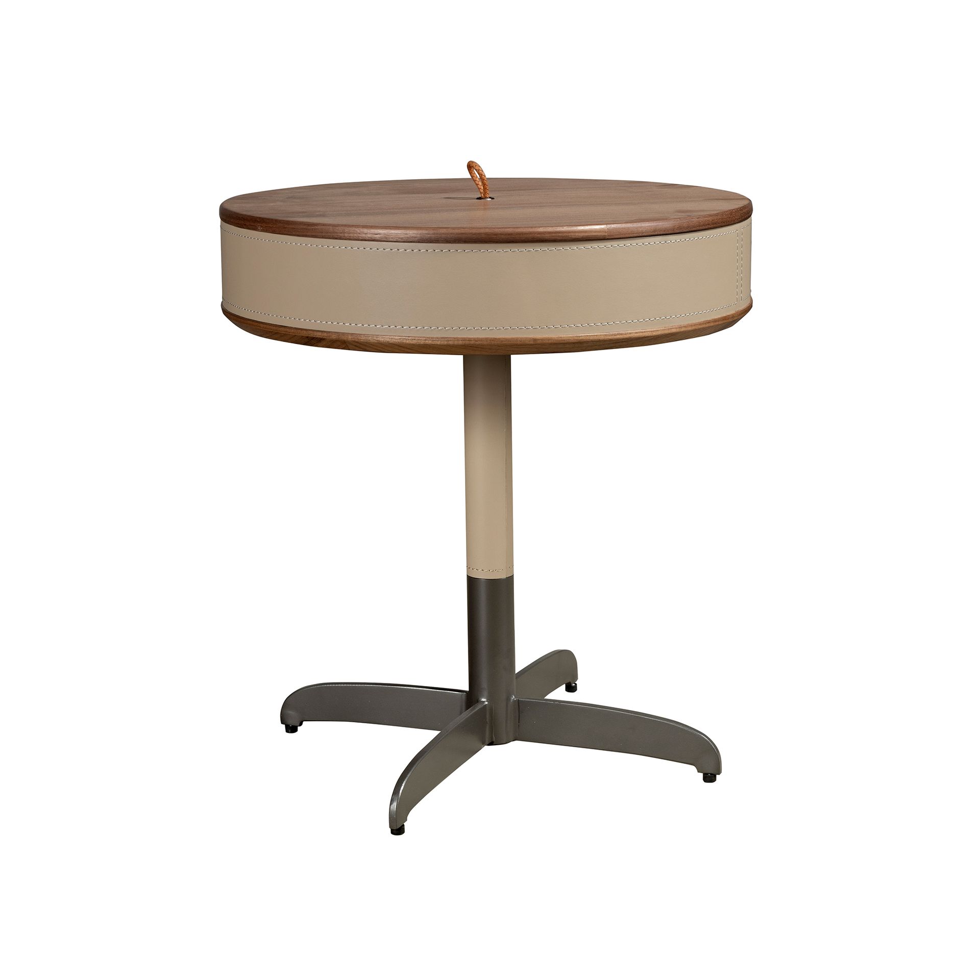 Round corner table in leatherette, walnut and grey steel