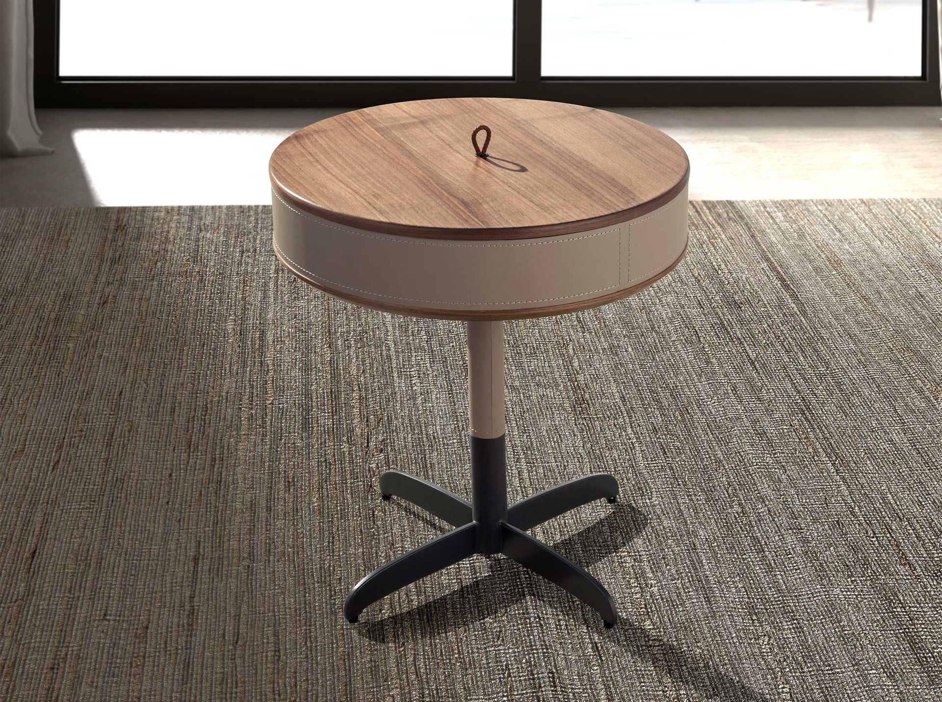 Round corner table in leatherette, walnut and grey steel