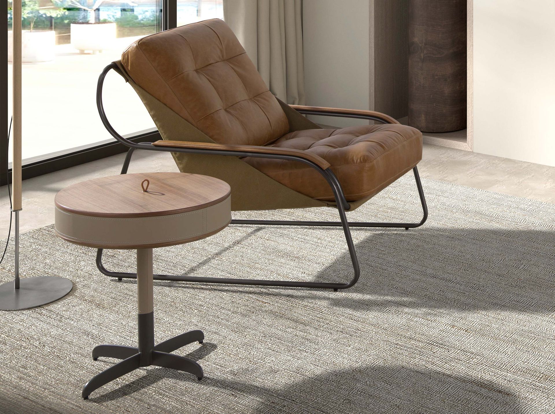 Round corner table in leatherette, walnut and grey steel