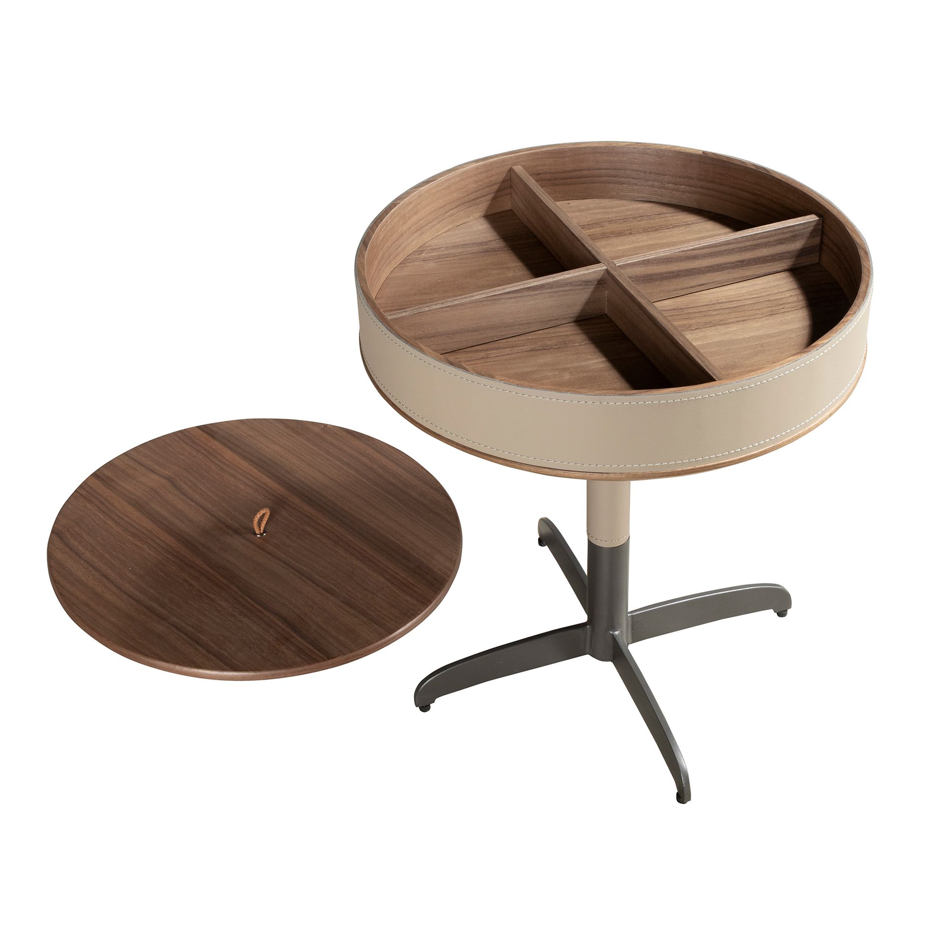 Round corner table in leatherette, walnut and grey steel