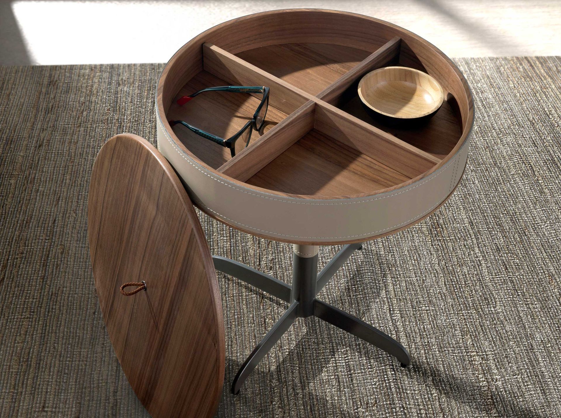 Round corner table in leatherette, walnut and grey steel