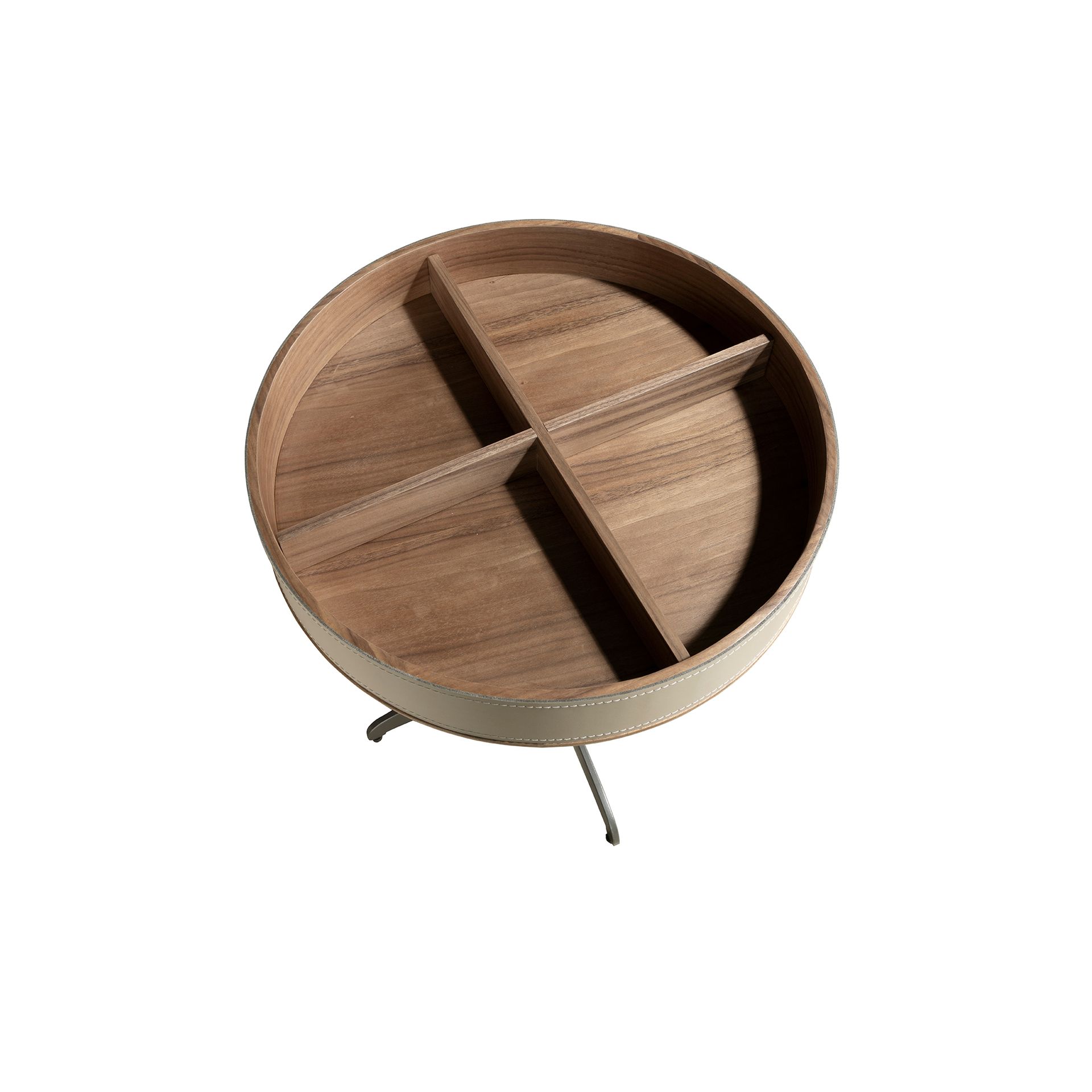 Round corner table in leatherette, walnut and grey steel