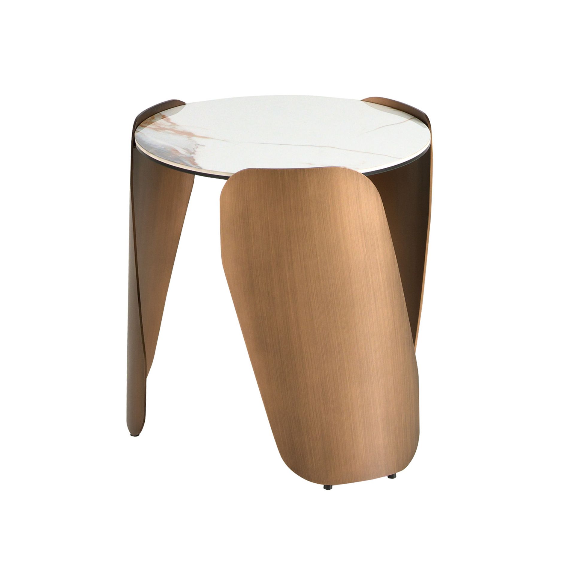 Round corner table in porcelain marble and bronze-coloured steel