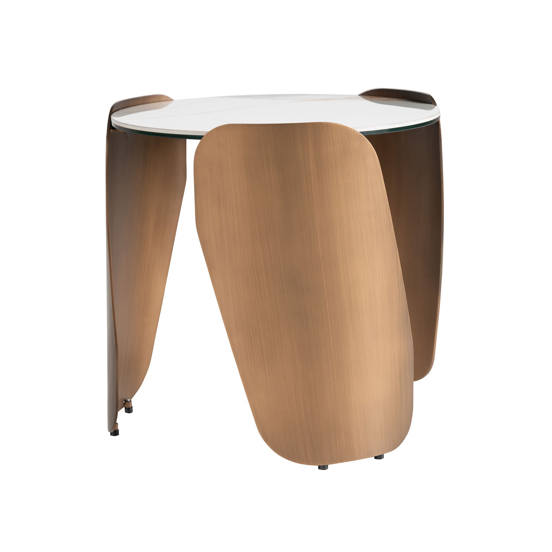 Round corner table in porcelain marble and bronze-coloured steel