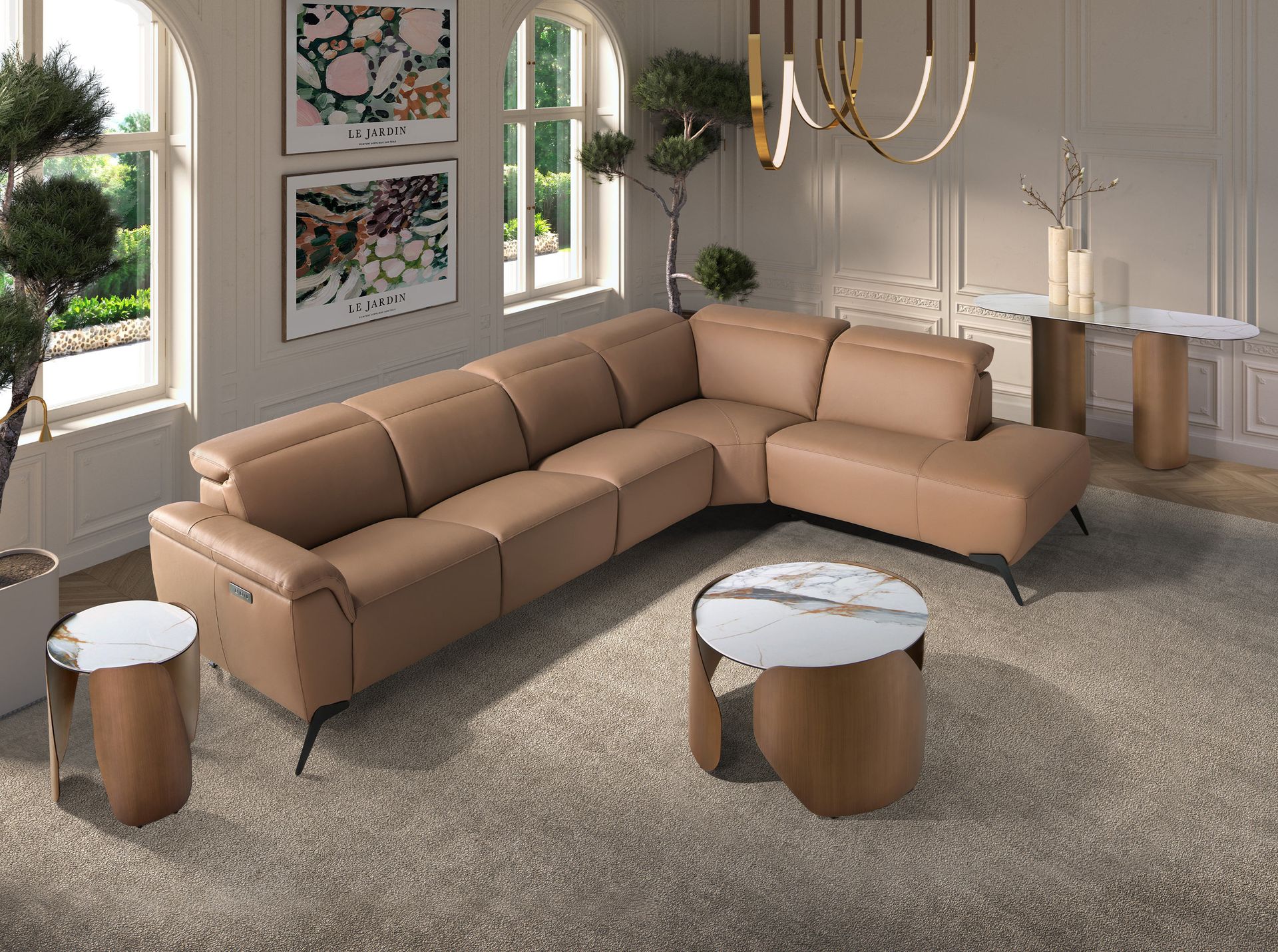 Round corner table in porcelain marble and bronze-coloured steel