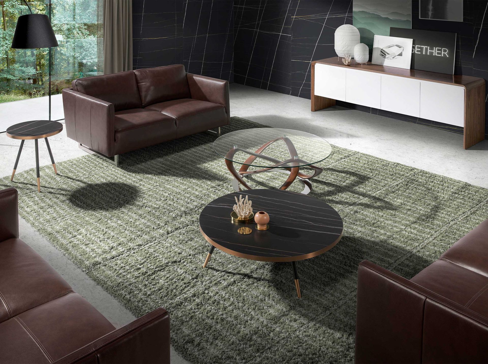 Round corner table in porcelain marble and black steel