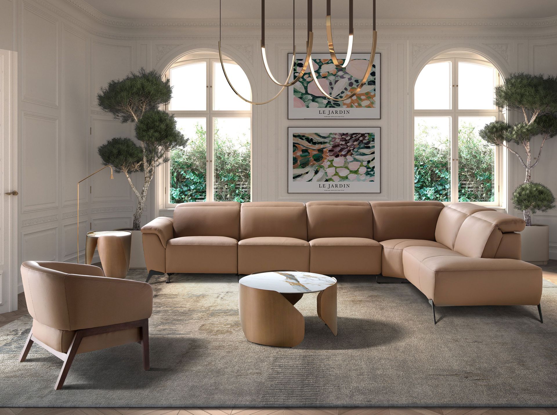 Round corner table in porcelain marble and bronze-coloured steel