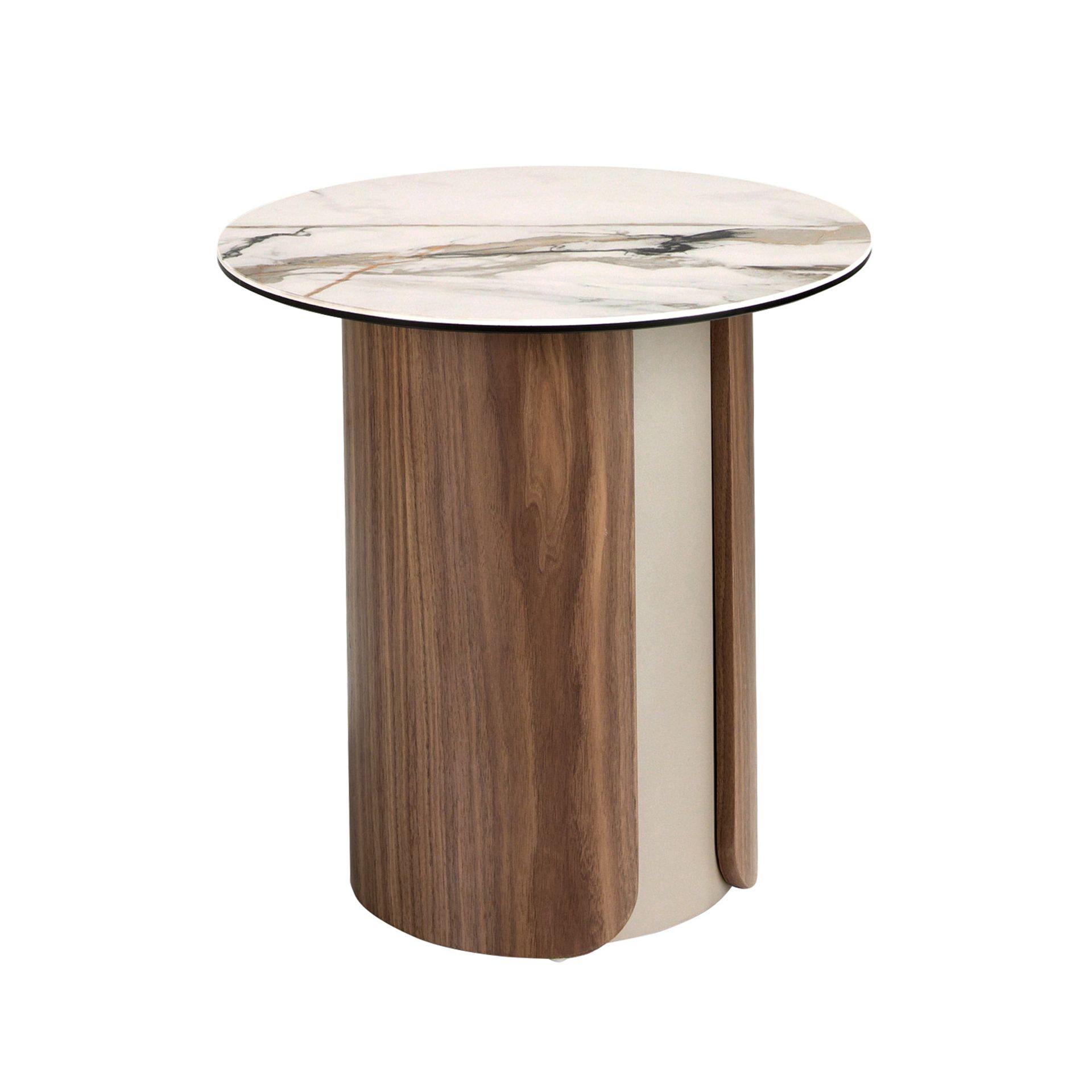 Round corner table in porcelain marble, metallic sand steel and walnut