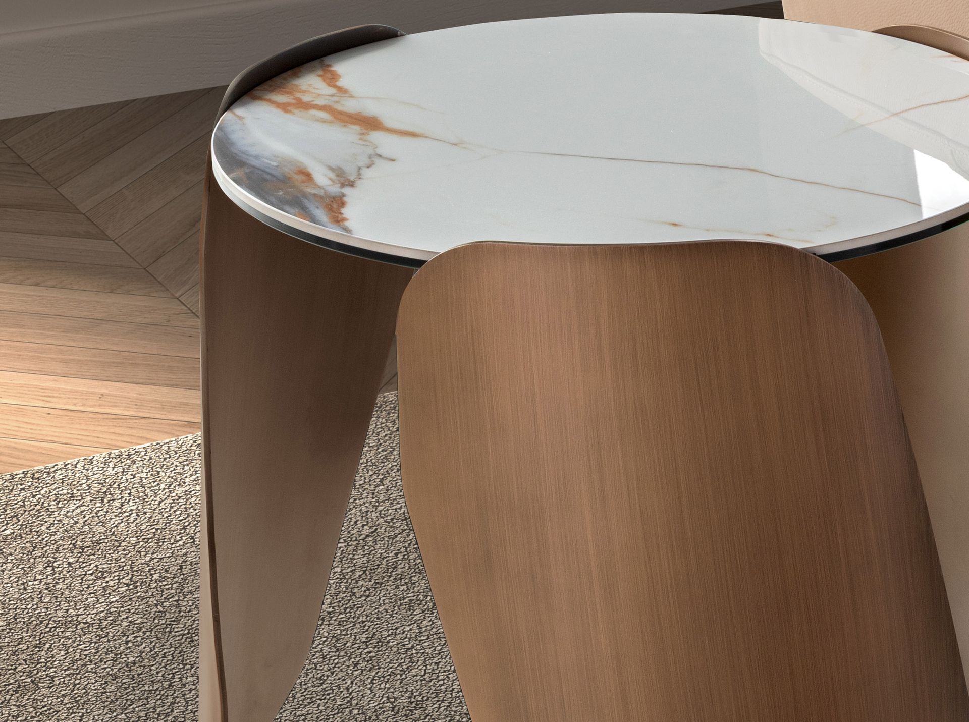 Round corner table in porcelain marble and bronze-coloured steel