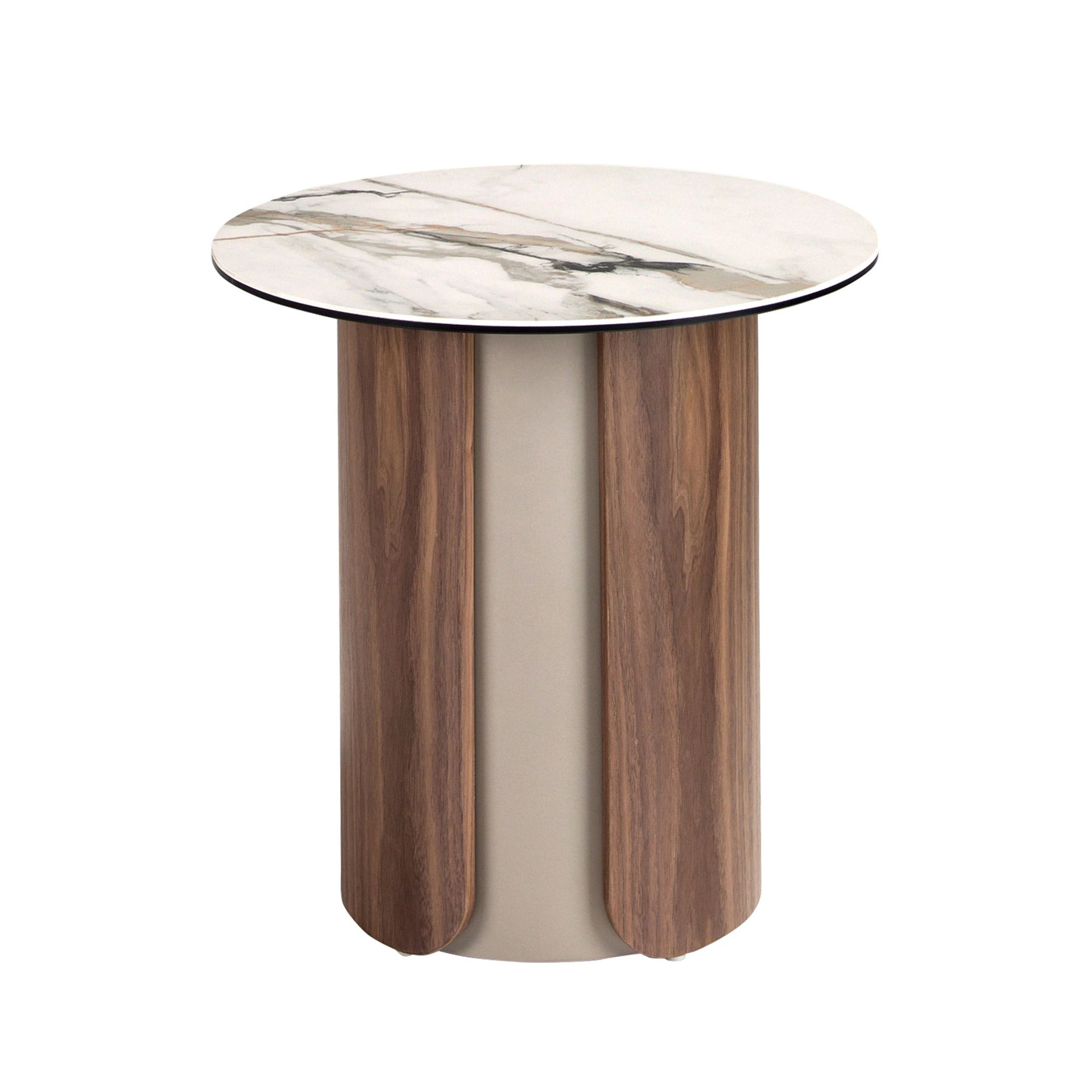 Round corner table in porcelain marble, metallic sand steel and walnut