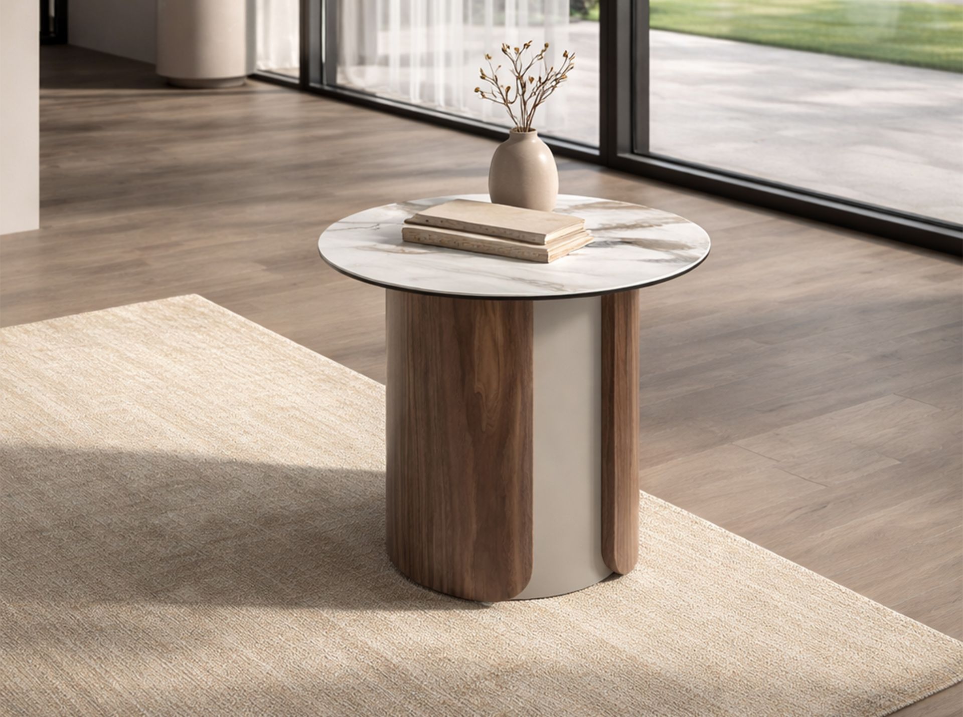 Round corner table in porcelain marble, metallic sand steel and walnut