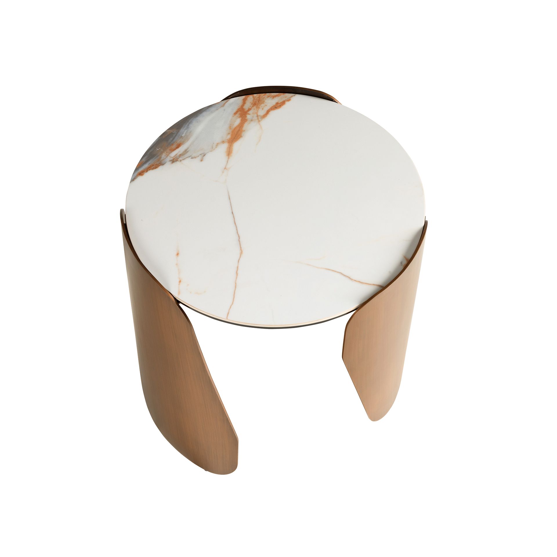 Round corner table in porcelain marble and bronze-coloured steel