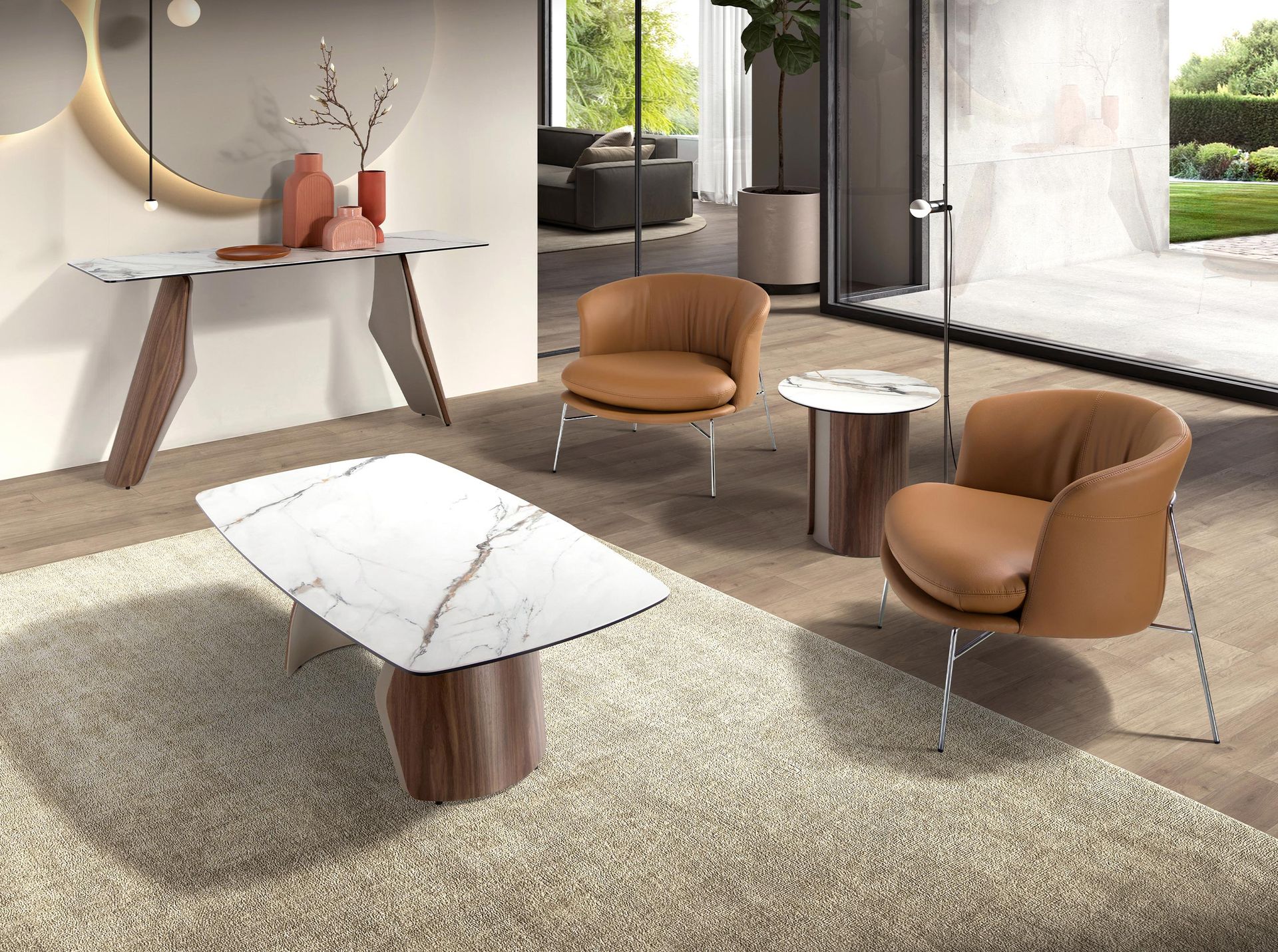 Round corner table in porcelain marble, metallic sand steel and walnut