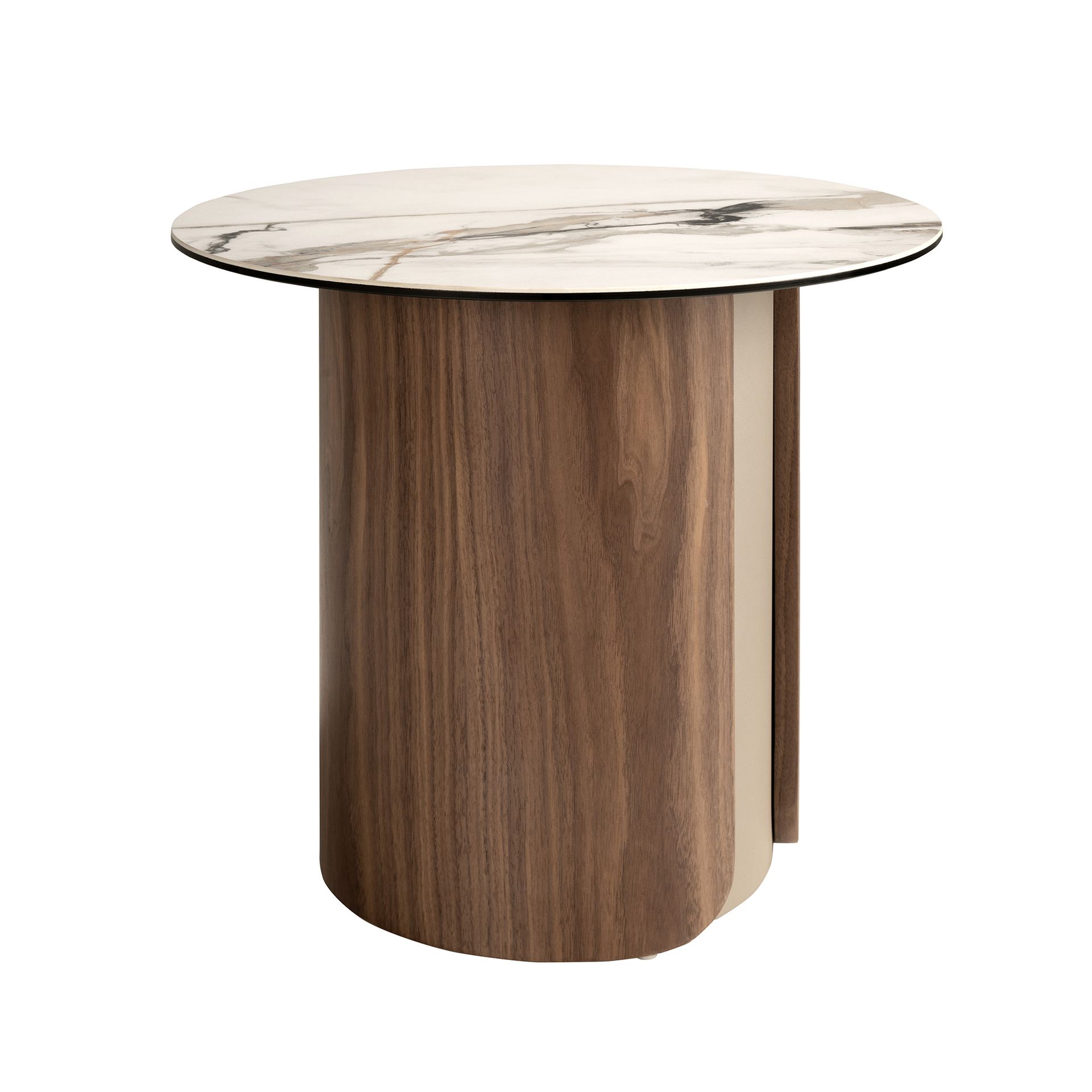 Round corner table in porcelain marble, metallic sand steel and walnut