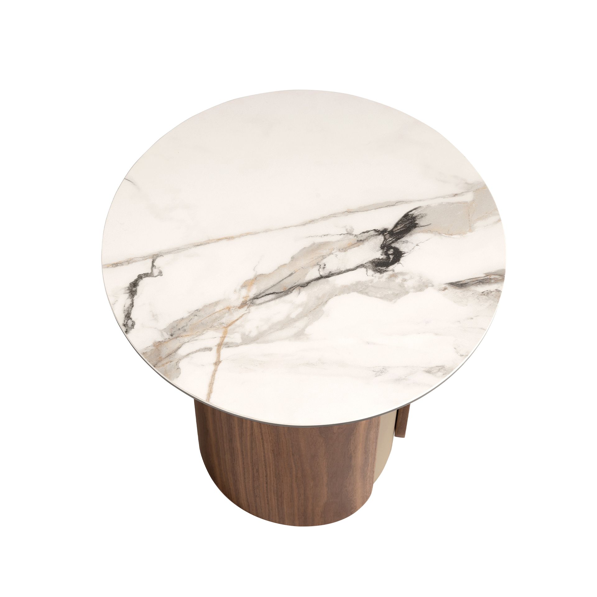 Round corner table in porcelain marble, metallic sand steel and walnut