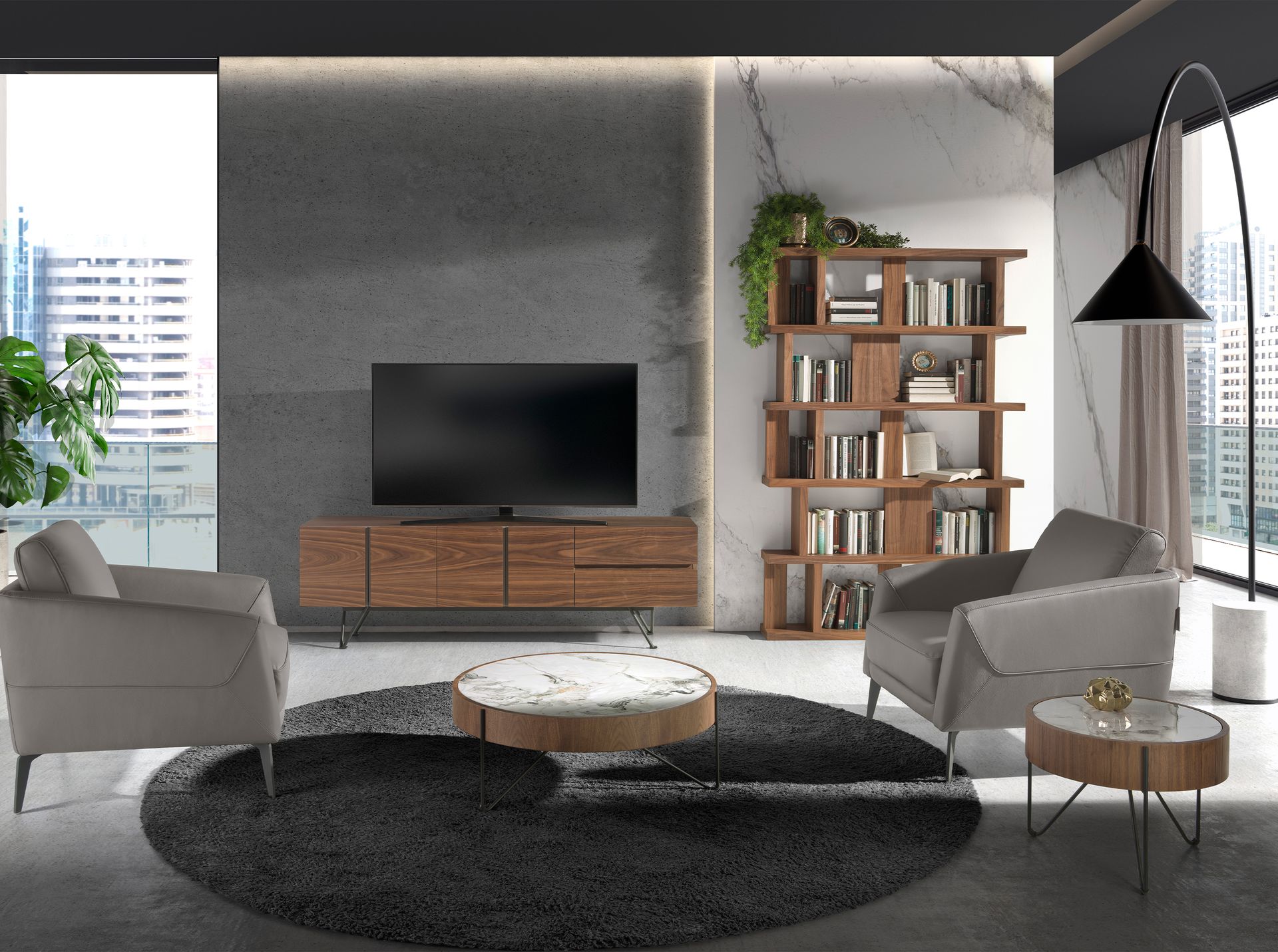 Round corner table in porcelain marble, walnut and black steel
