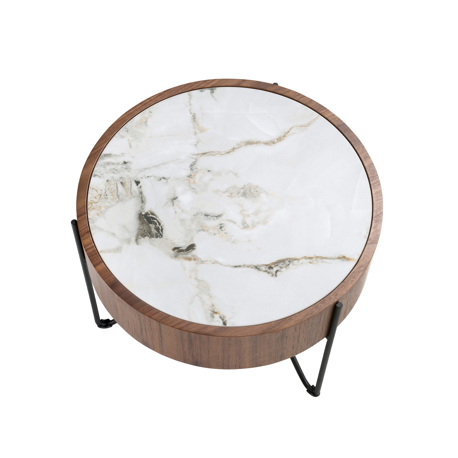 Round corner table in porcelain marble, walnut and black steel