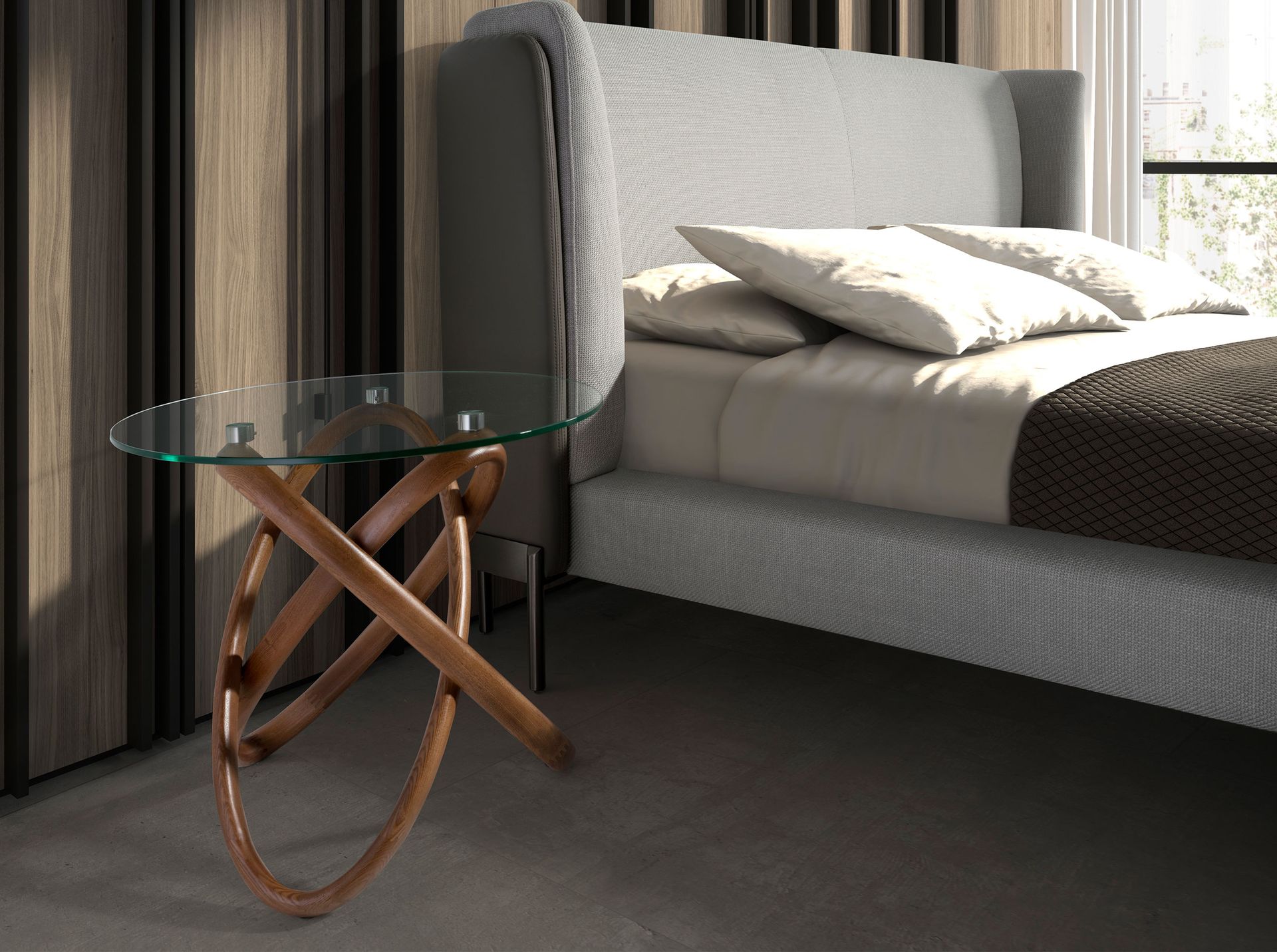 Round corner table in tempered glass and walnut