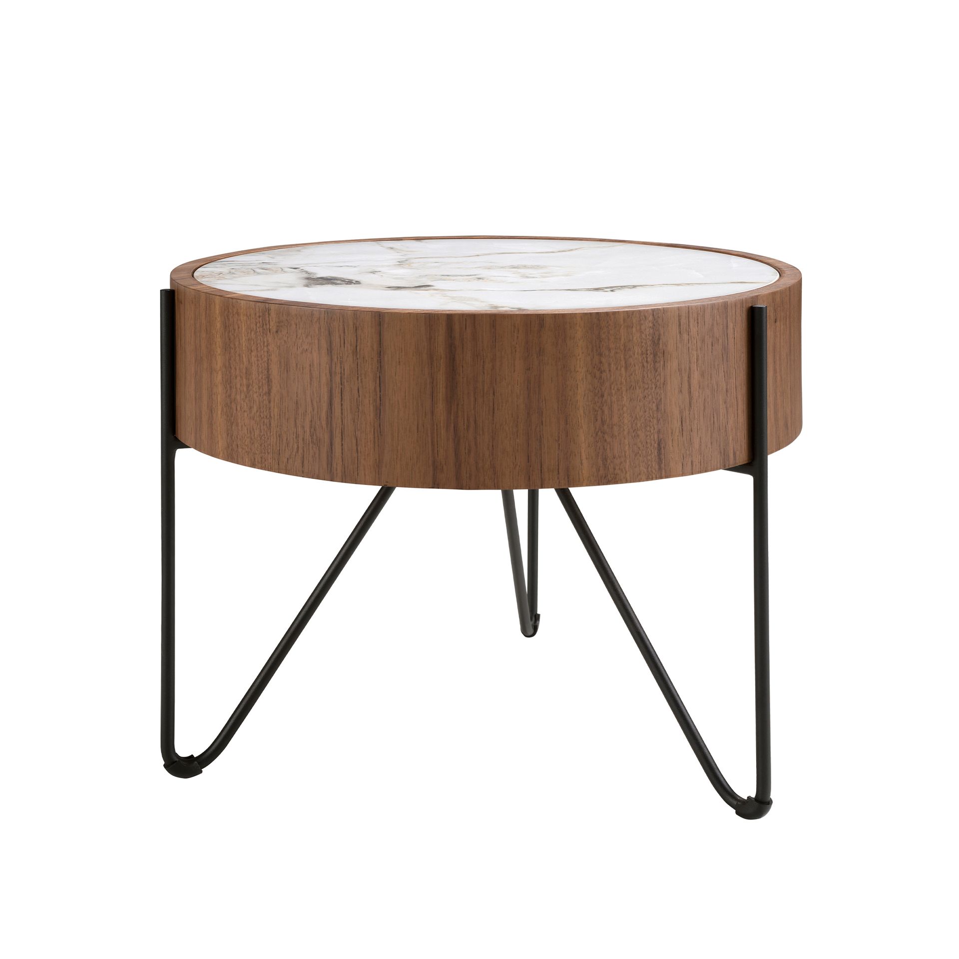 Round corner table in porcelain marble, walnut and black steel