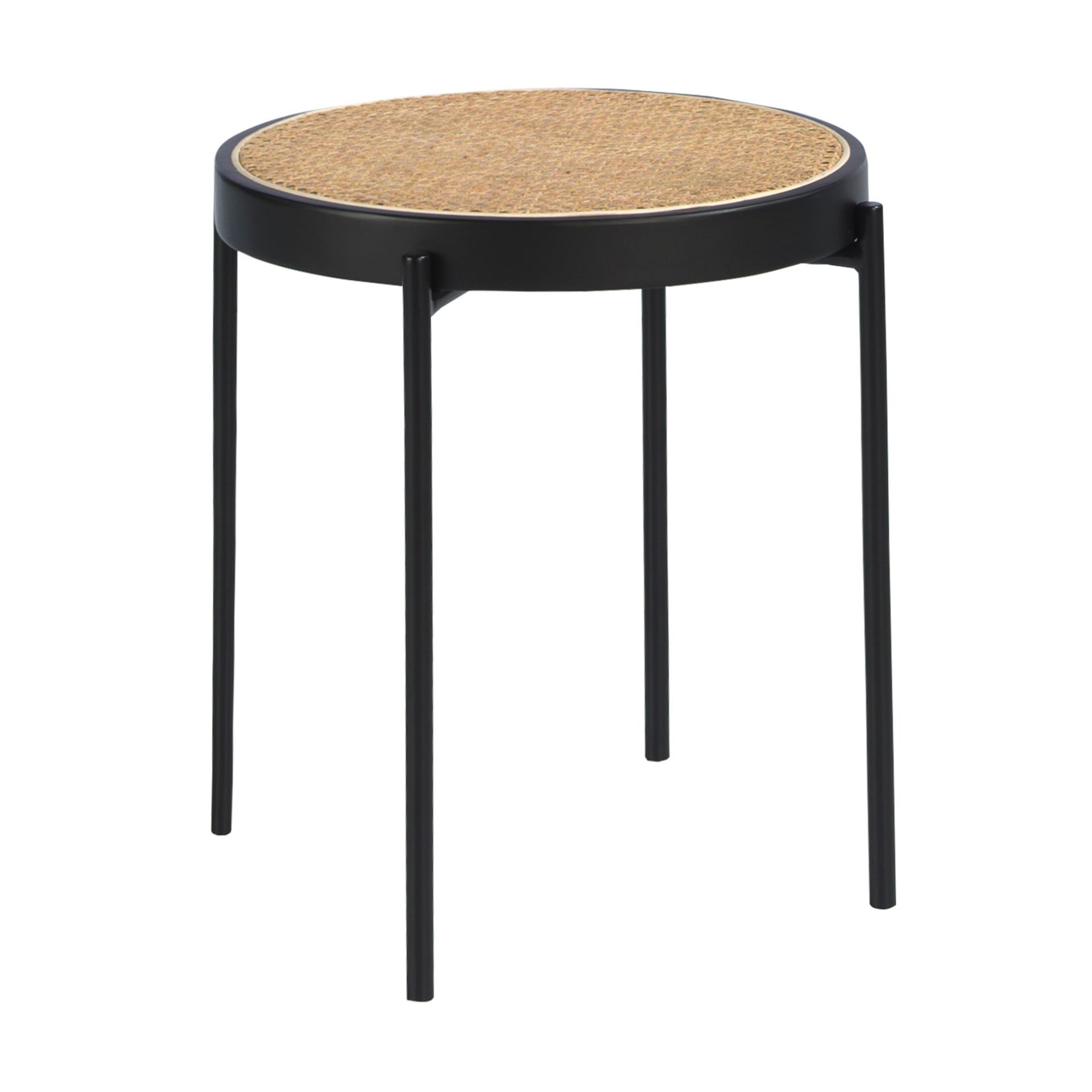 Round corner table rattan, black wood and black steel
