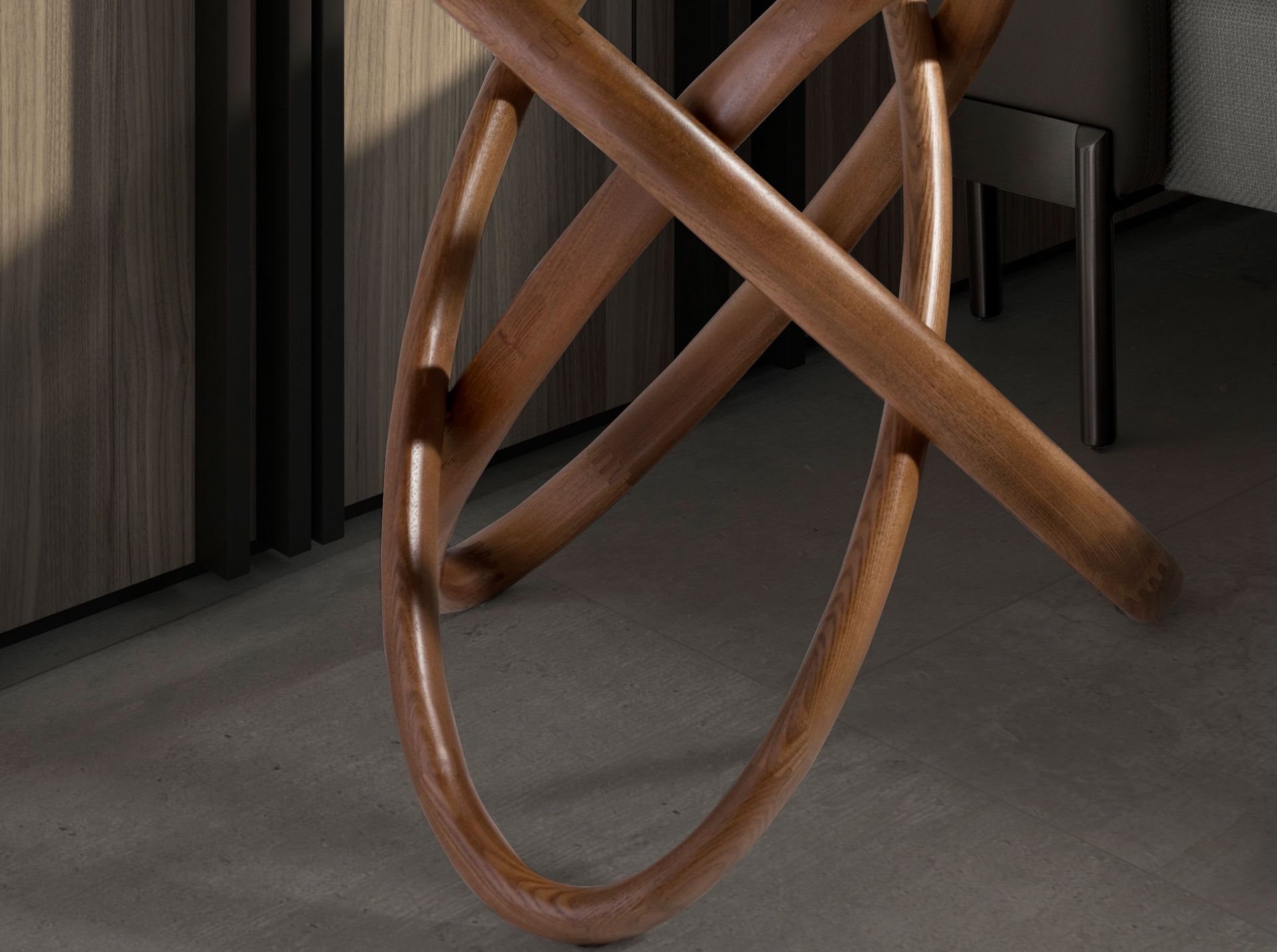 Round corner table in tempered glass and walnut