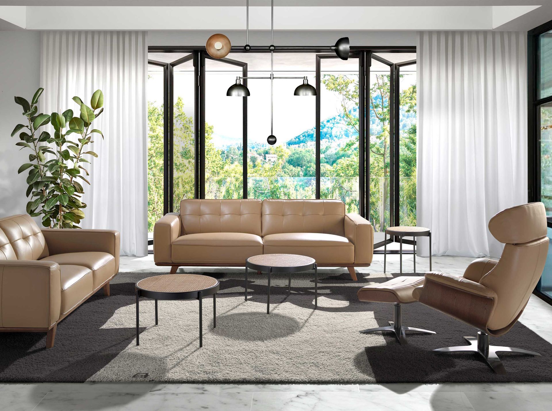 Round corner table rattan, black wood and black steel