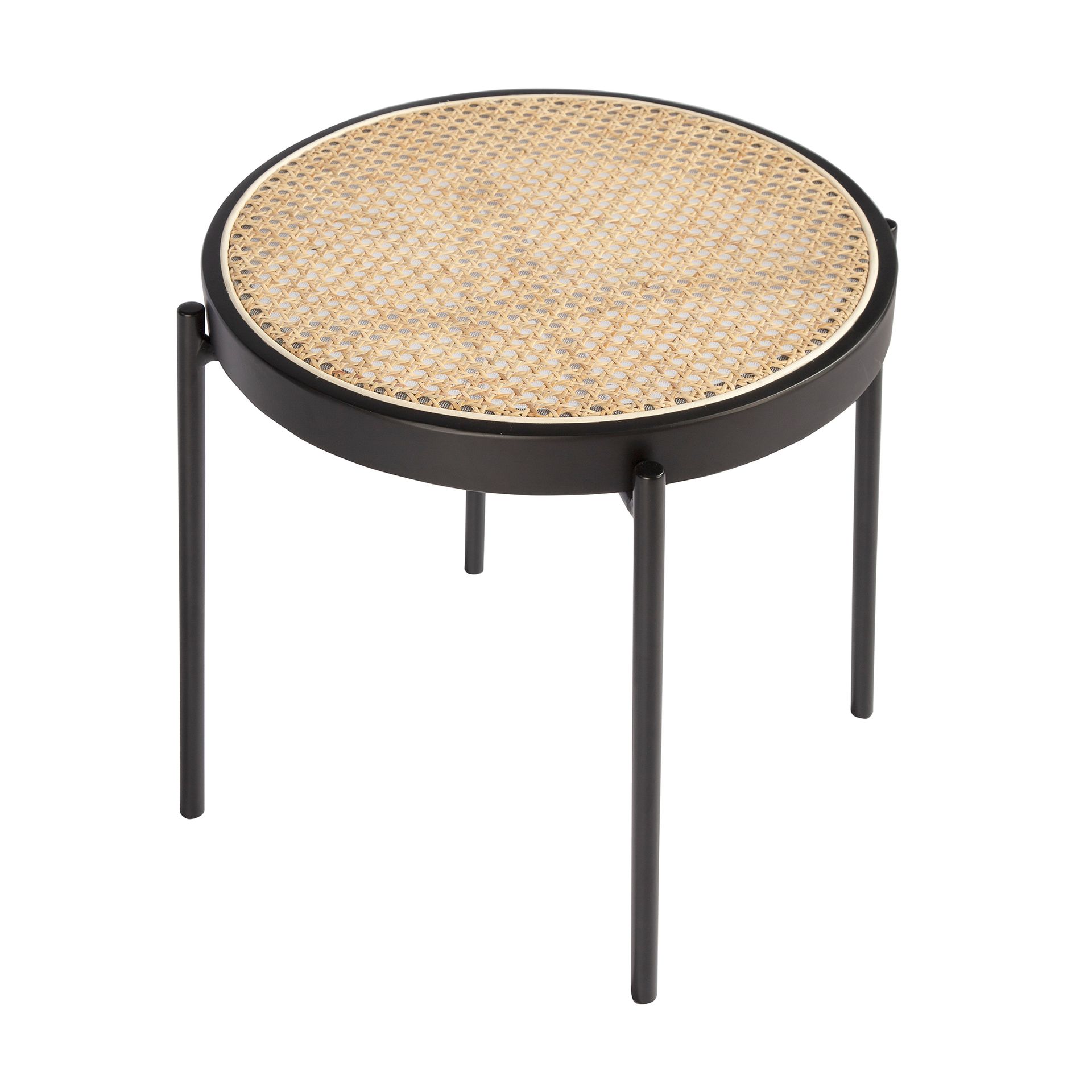 Round corner table rattan, black wood and black steel