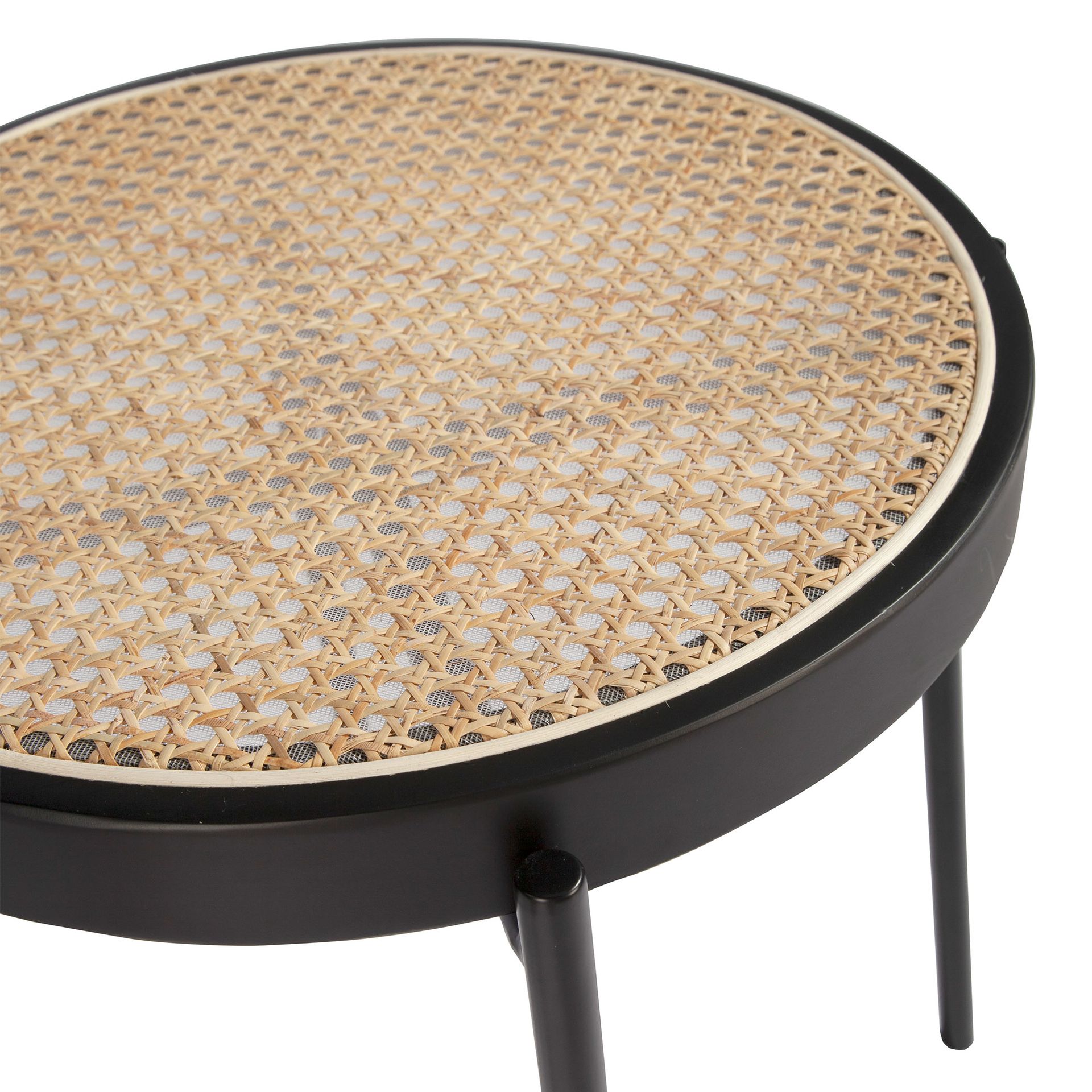 Round corner table rattan, black wood and black steel