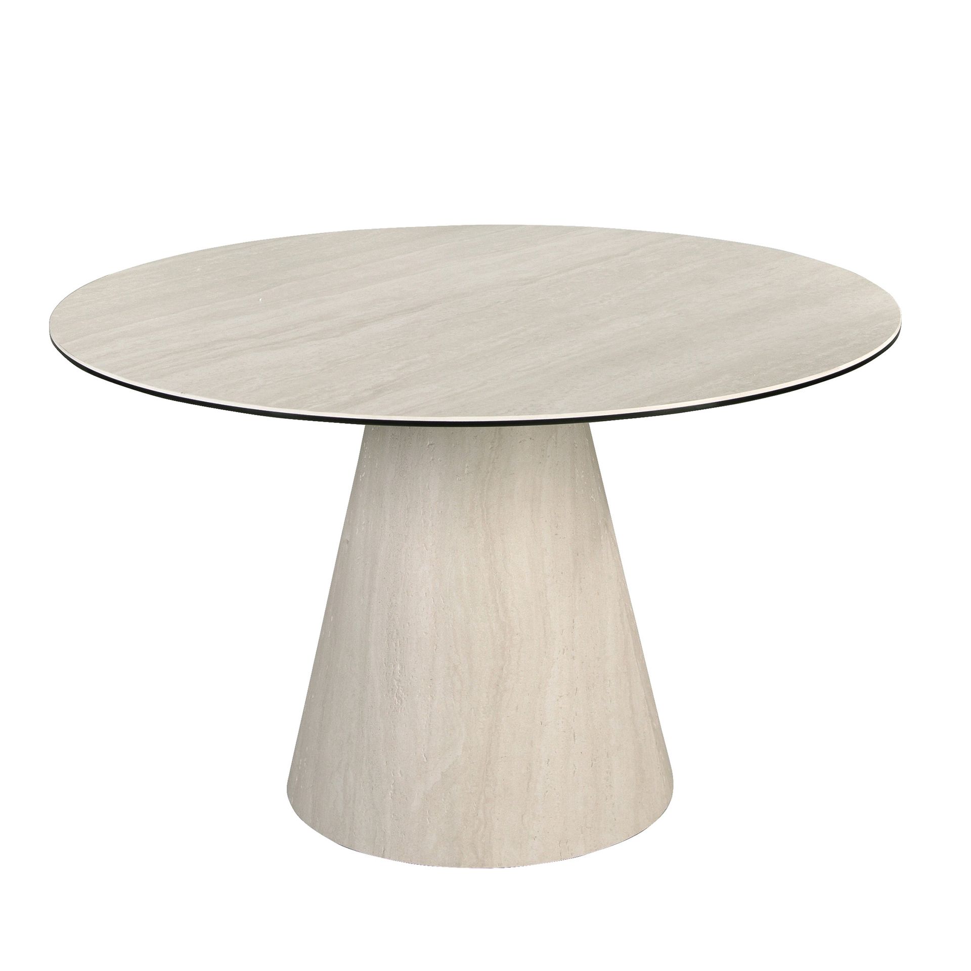 Round dining table in porcelain marble and wood covered with a flexible porcelain marble sheet