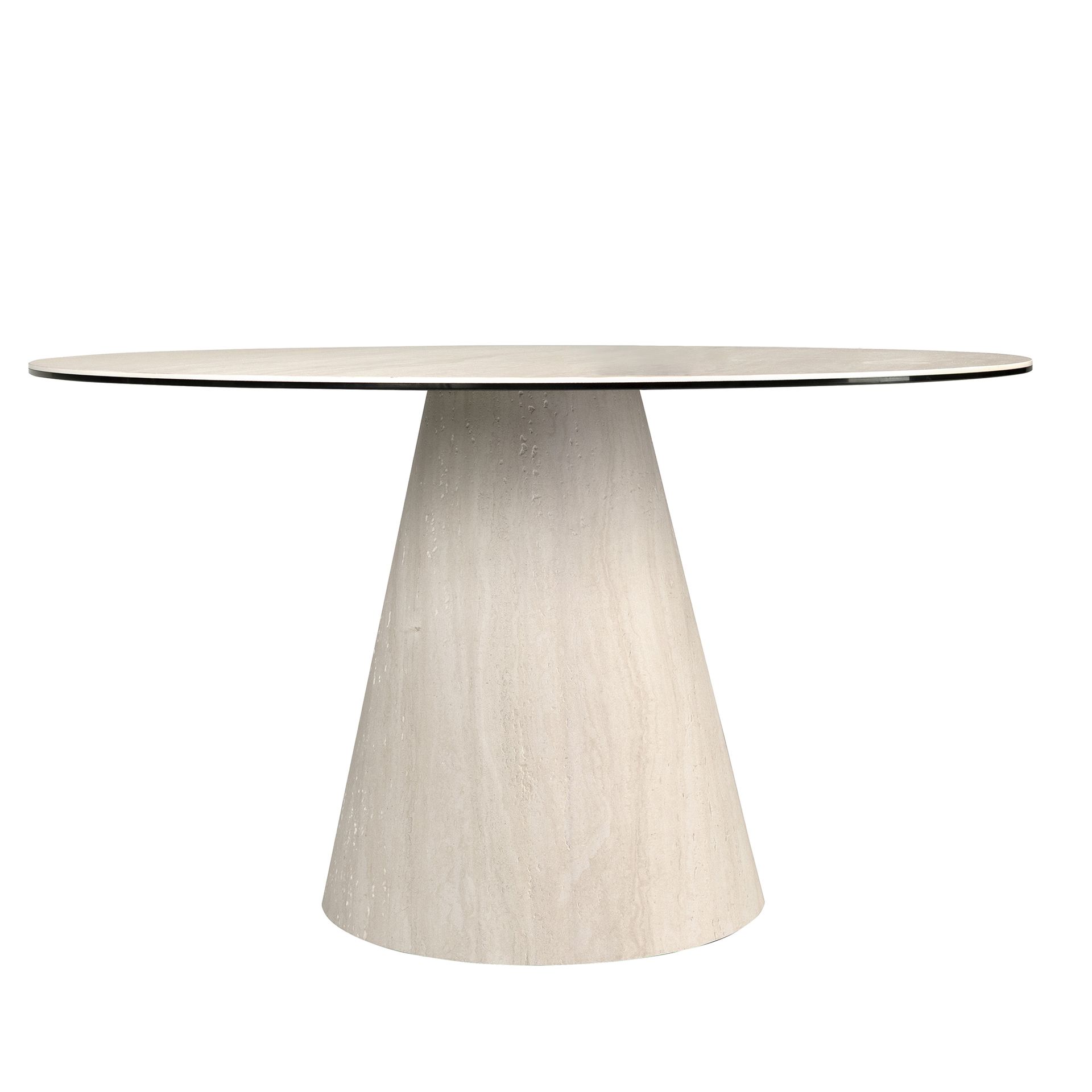 Round dining table in porcelain marble and wood covered with a flexible porcelain marble sheet