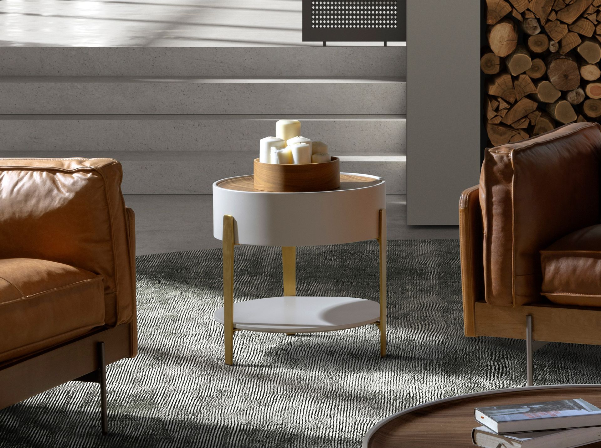 Round corner table walnut, beige wood and gold-plated polished steel