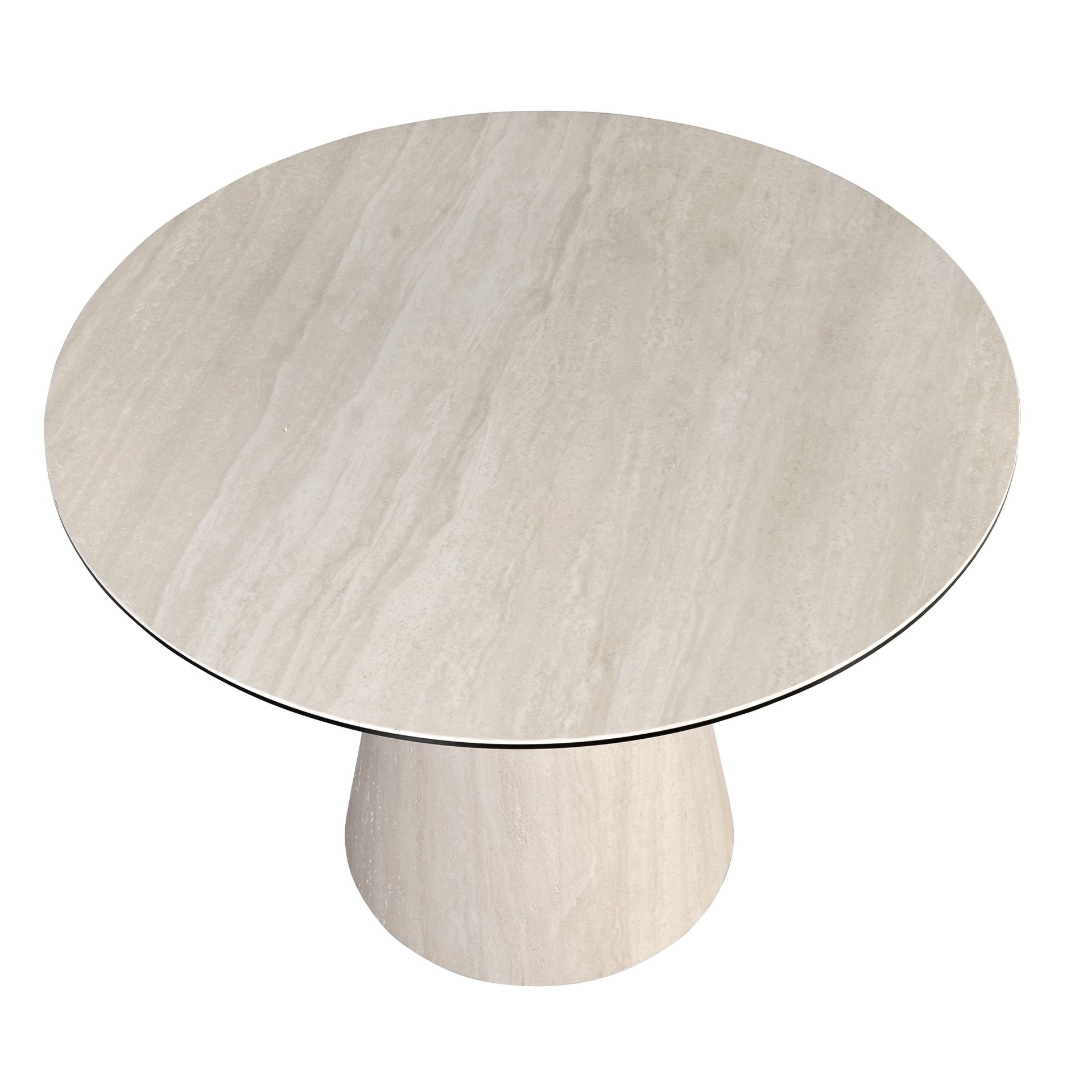 Round dining table in porcelain marble and wood covered with a flexible porcelain marble sheet