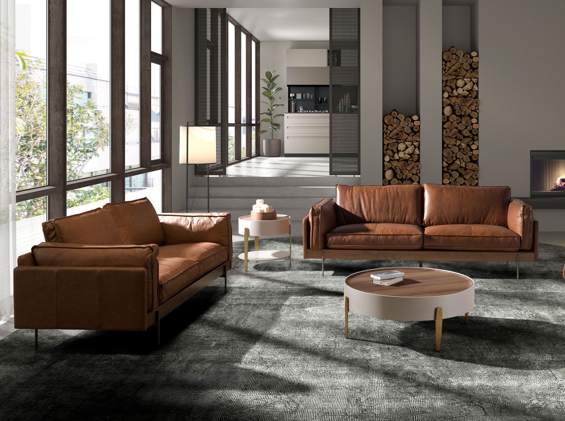 Round corner table walnut, beige wood and gold-plated polished steel