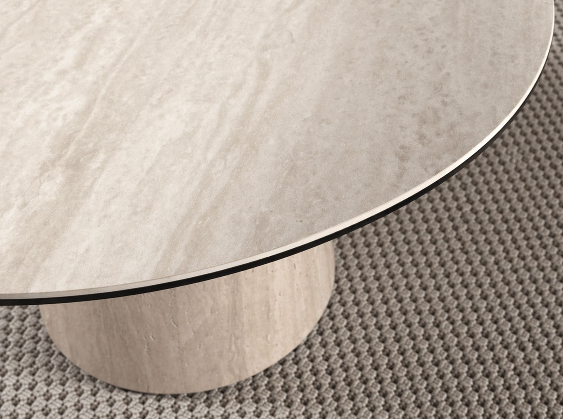Round dining table in porcelain marble and wood covered with a flexible porcelain marble sheet