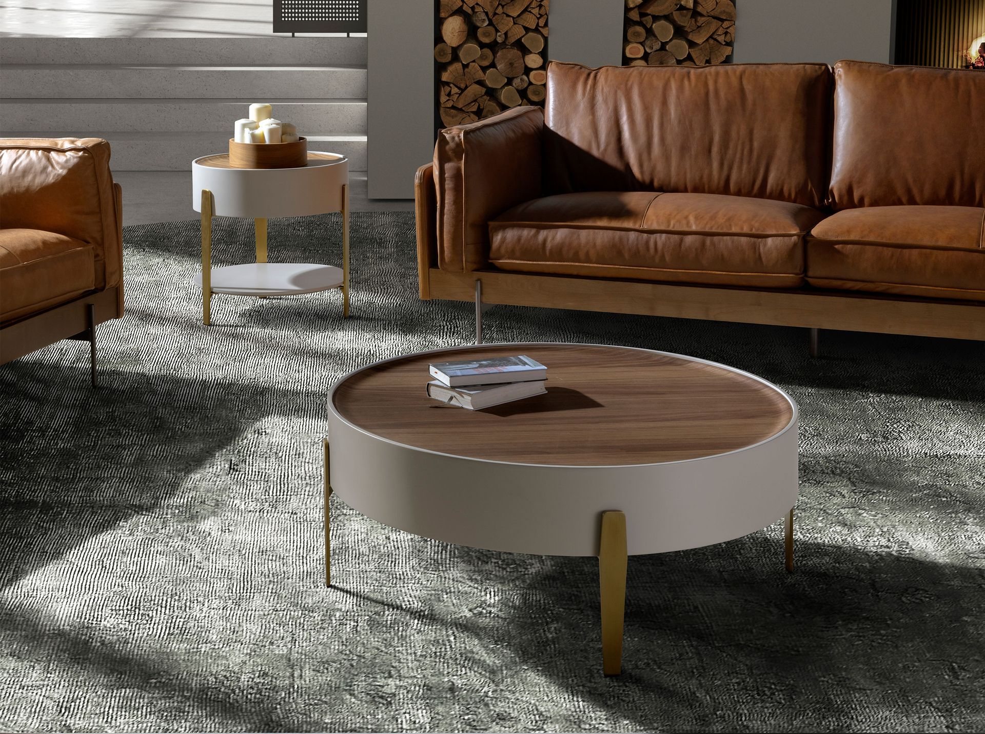 Round corner table walnut, beige wood and gold-plated polished steel