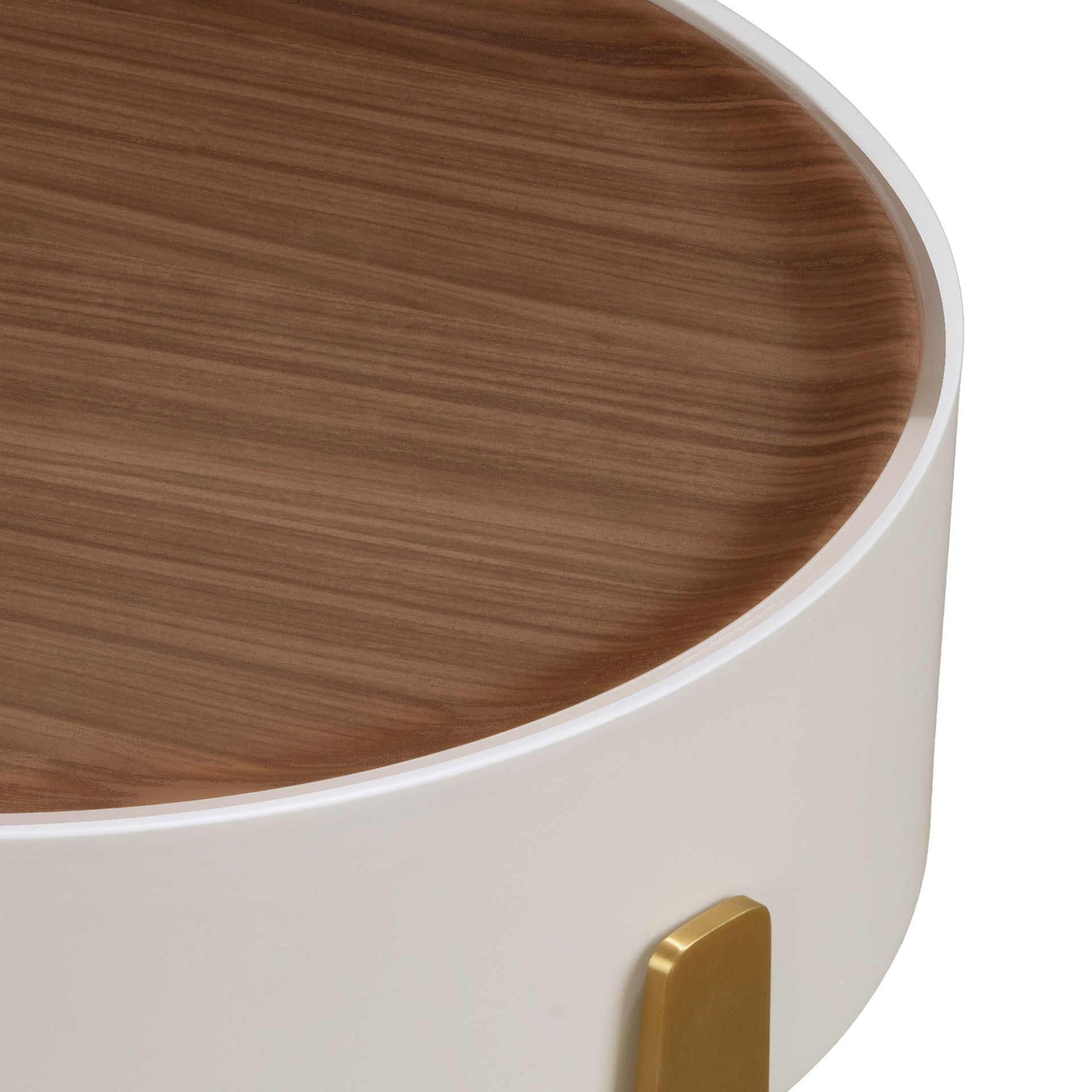 Round corner table walnut, beige wood and gold-plated polished steel