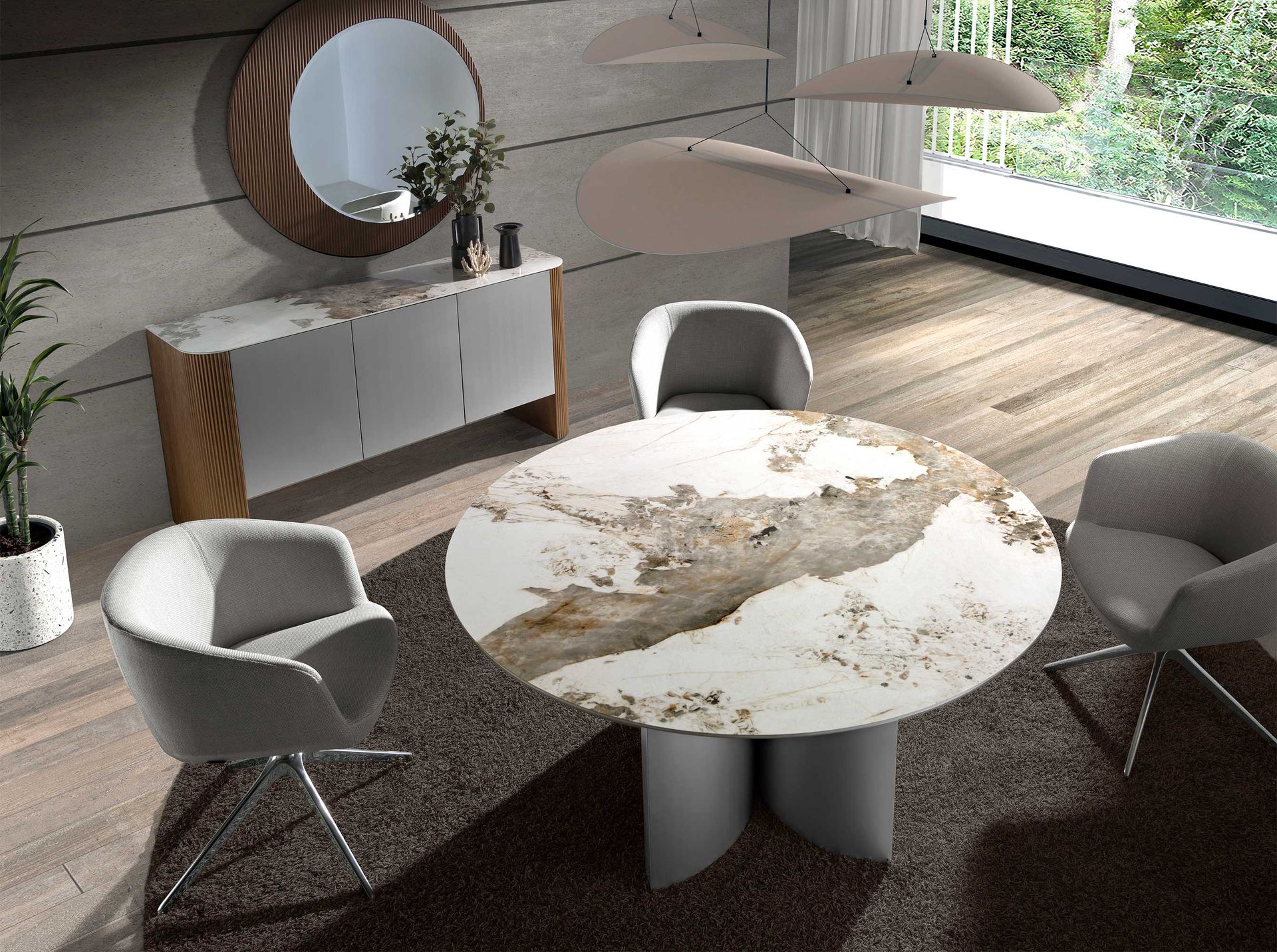 Round dining table in porcelain marble, walnut and silver-coloured wood