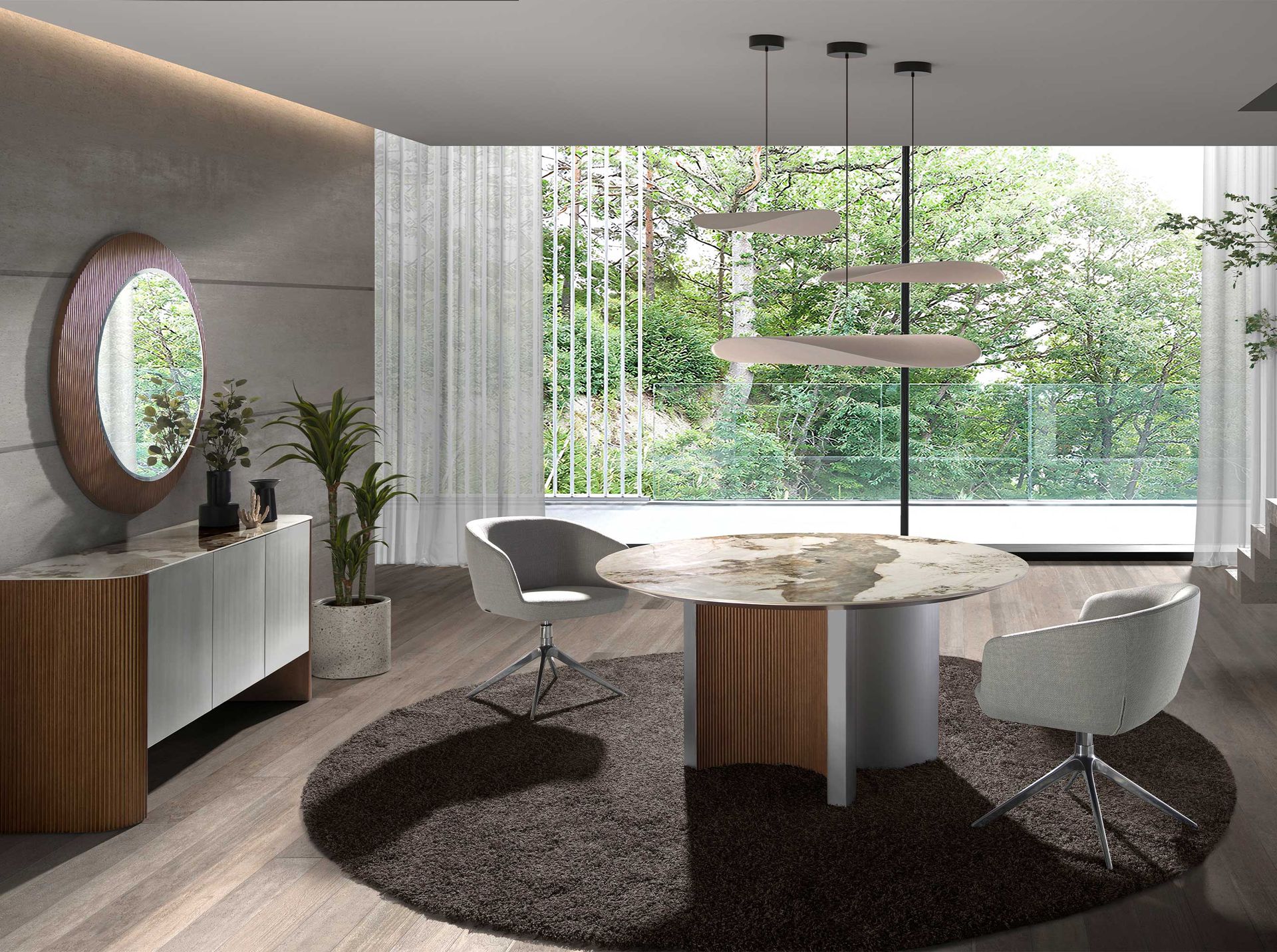 Round dining table in porcelain marble, walnut and silver-coloured wood