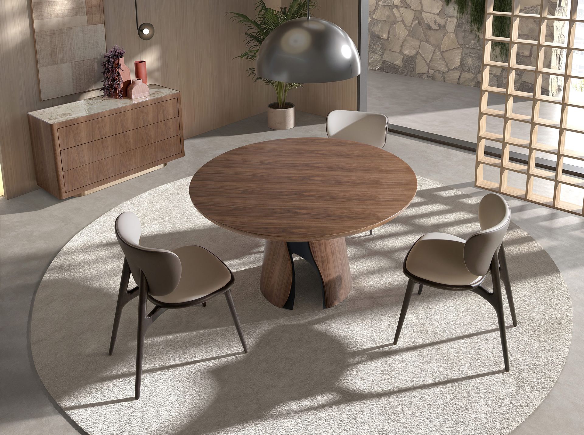 Round dining table in walnut and black epoxy steel