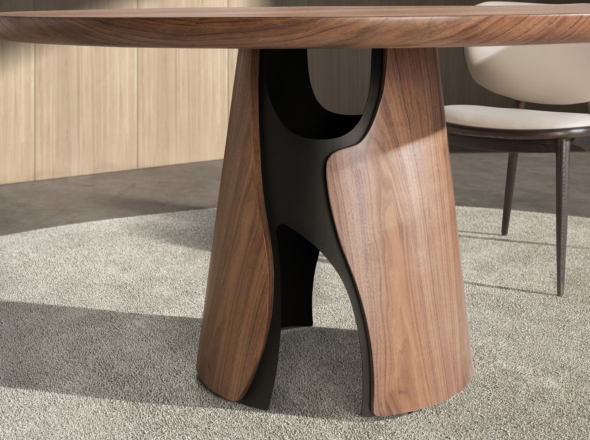 Round dining table in walnut and black epoxy steel