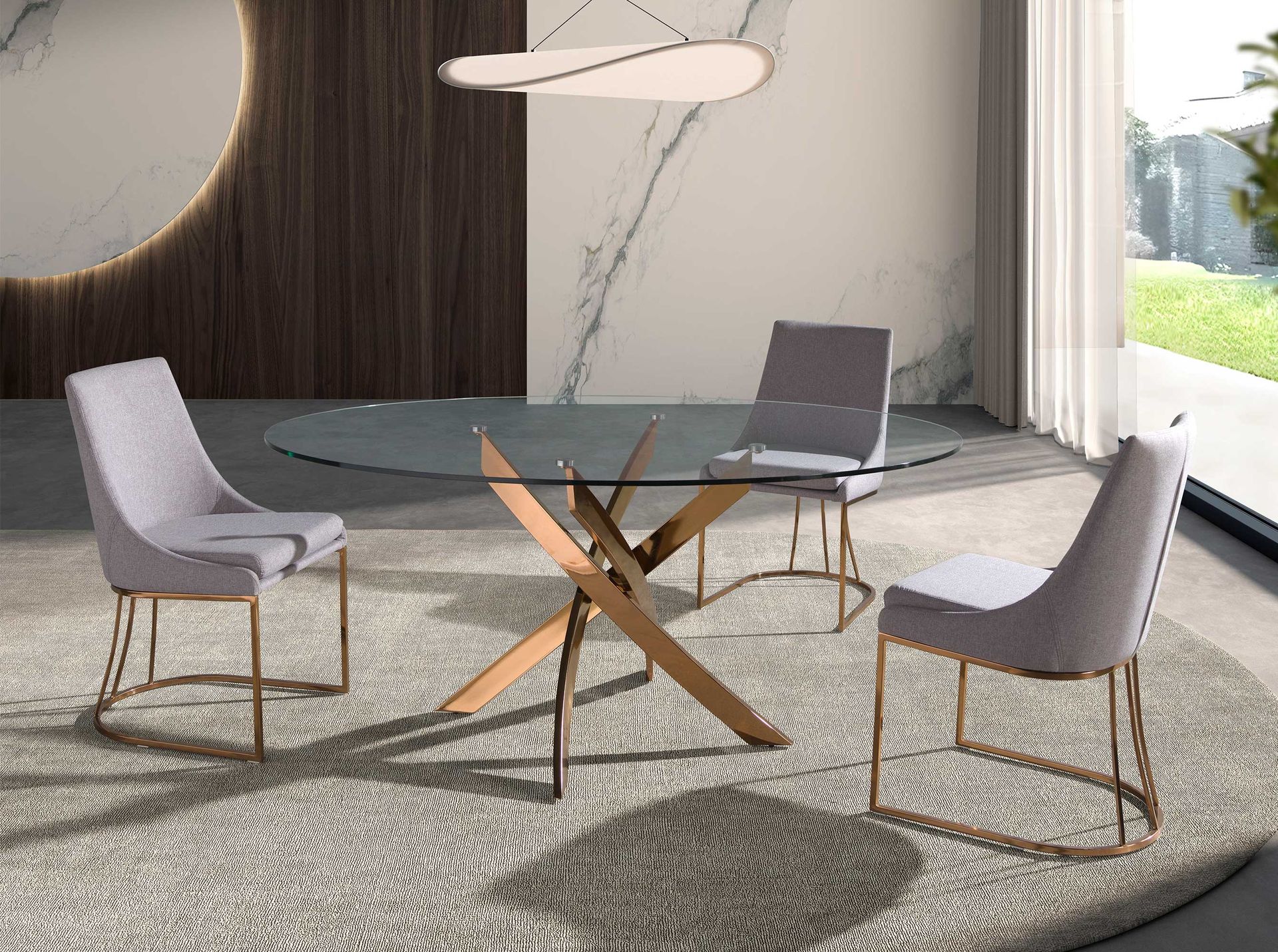 Round dining table tempered glass and pink steel