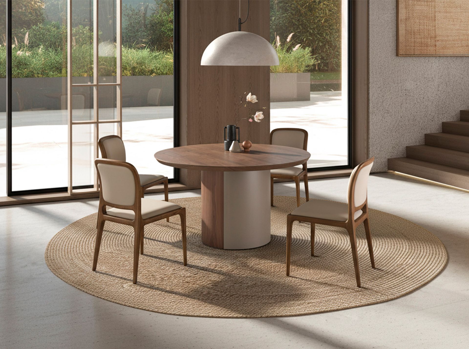 Round dining table walnut and metallic sand steel